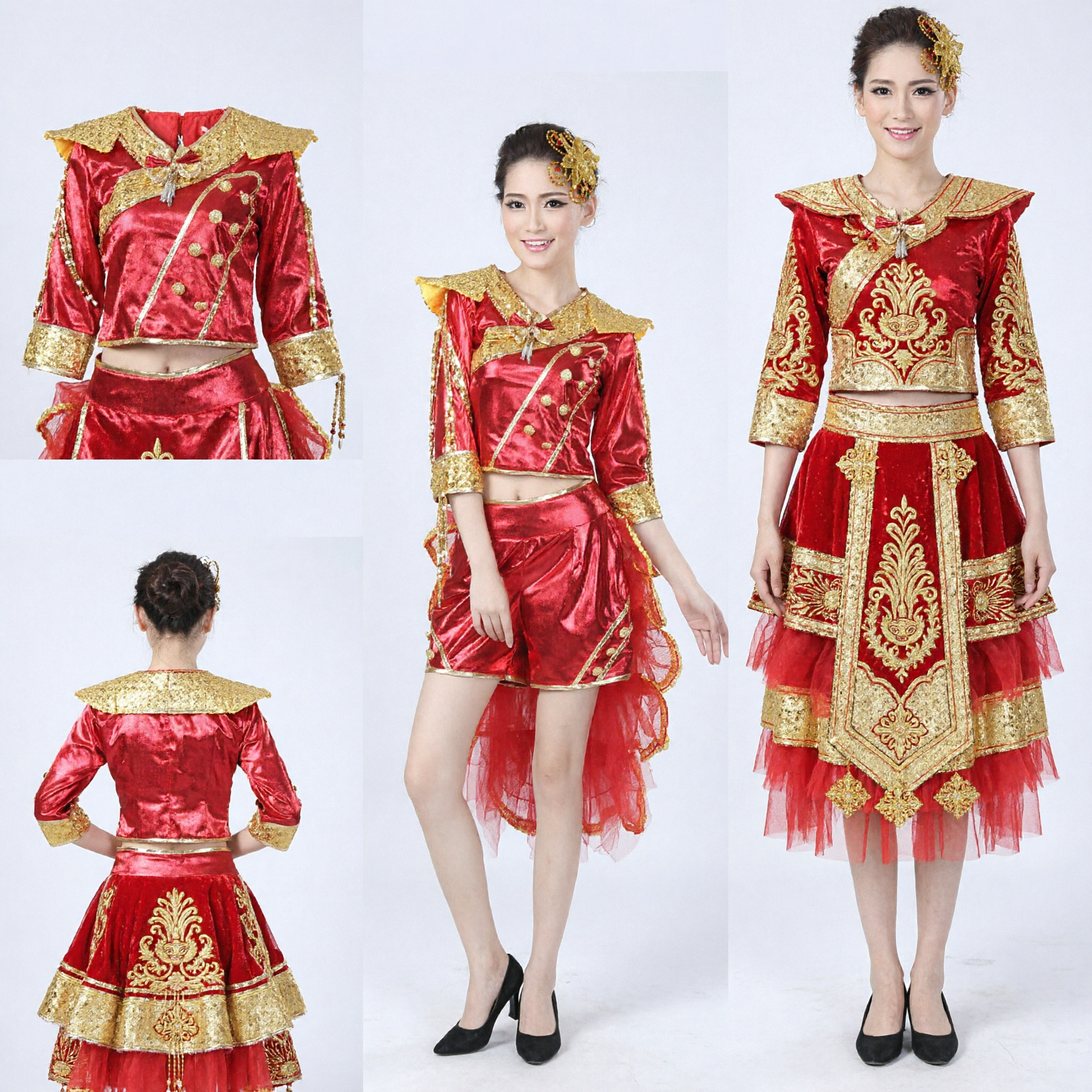 Women's Red and Gold Chinese Dance Costume for Stage Performance and Traditional Folk Yangge Drum Dance