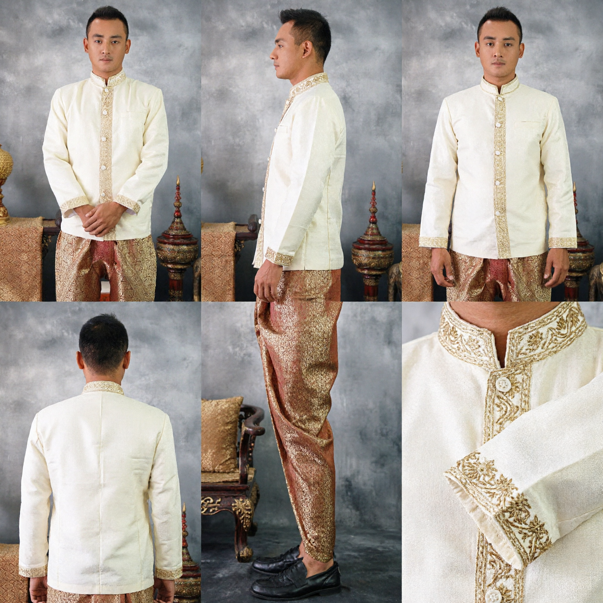 Traditional Thai Men's Formal Wedding Attire Cream Mandarin Collar Shirt with Gold Embroidery and Patterned Pants
