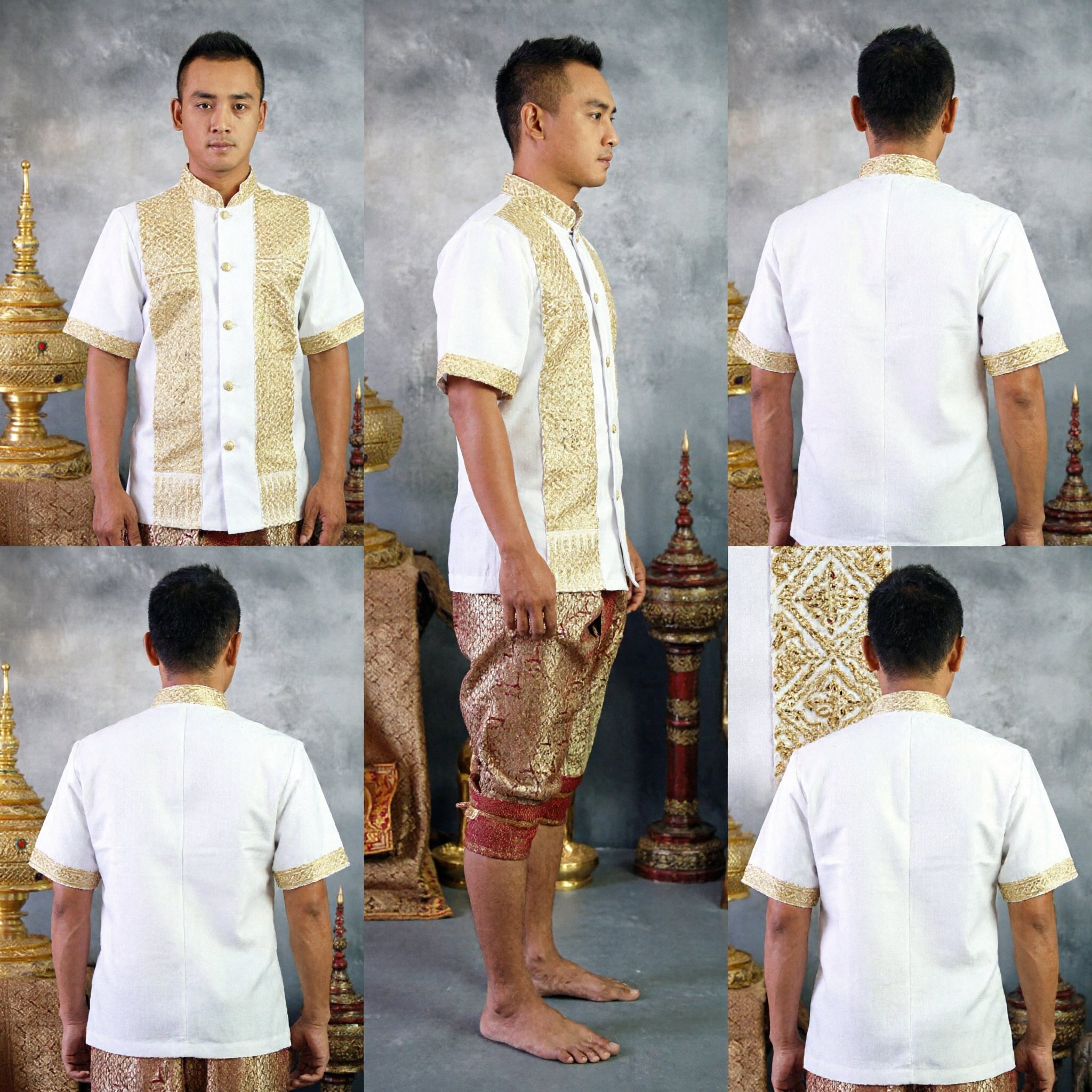 Men's Traditional Thai Wedding Costume Set Gold Embroidered Shirt and Pants for Cultural Ceremony