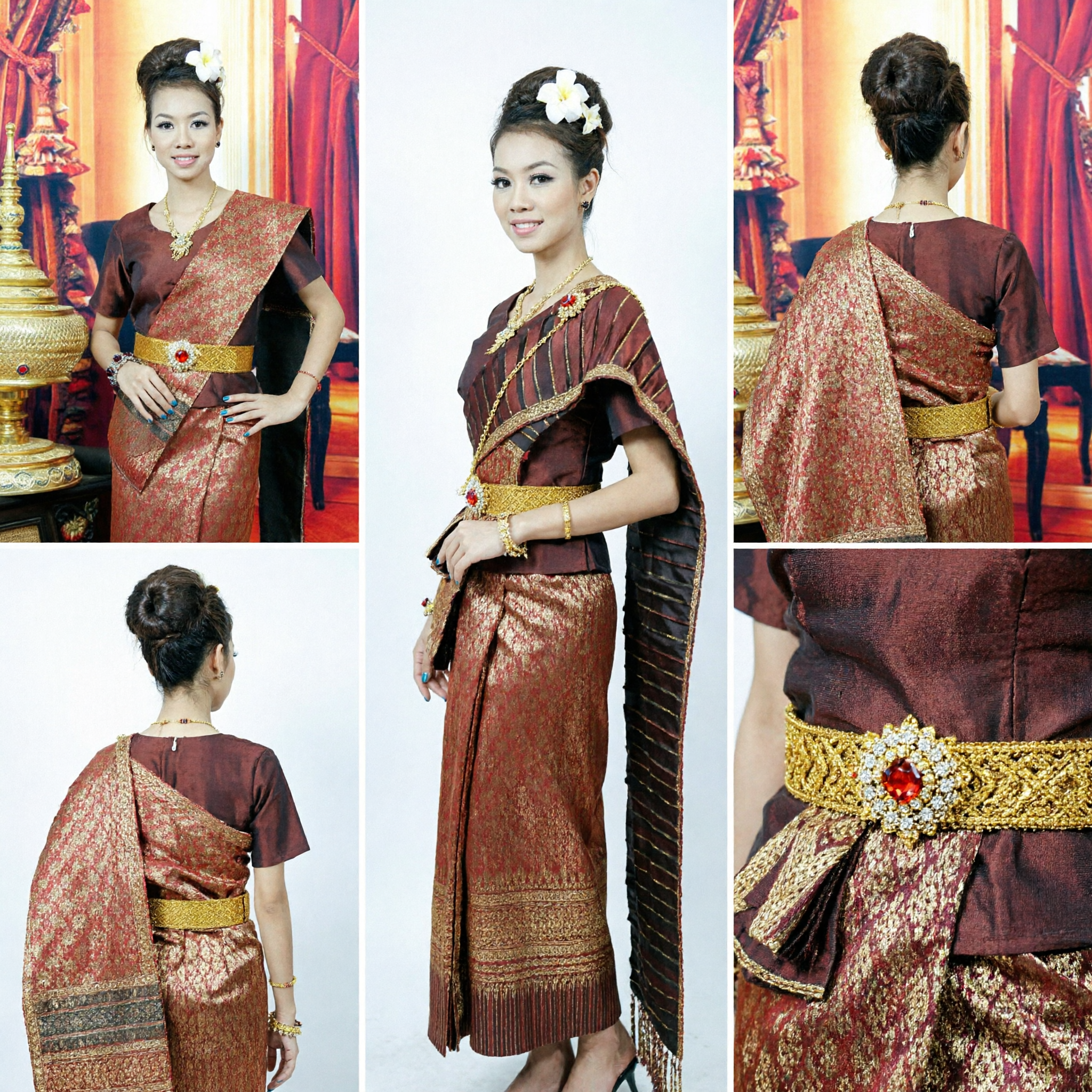Elegant Thai Traditional Brocade Dress Formal National Costume for Women Wedding Ceremony Cultural Performance