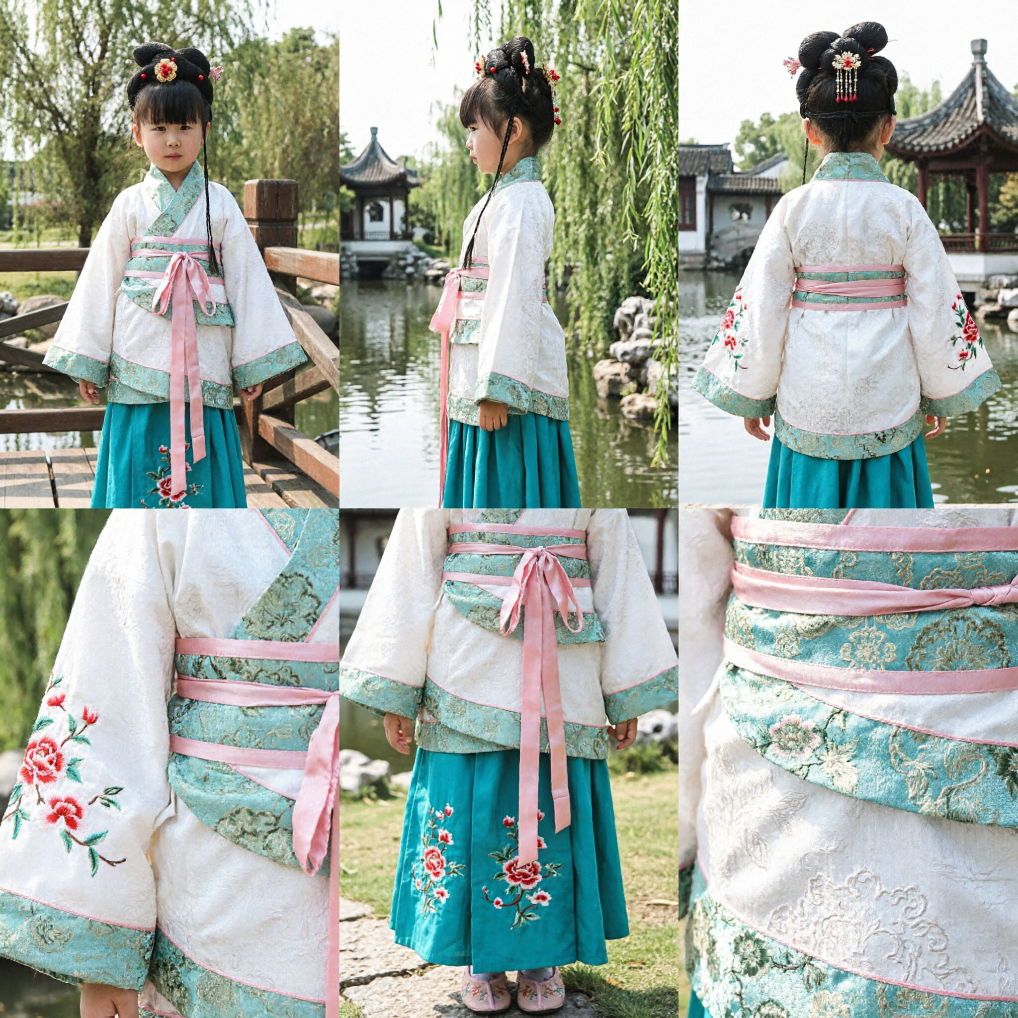 Girls Traditional Chinese Hanfu Ancient Costume Kids Cultural Performance Dress Green White Outfit