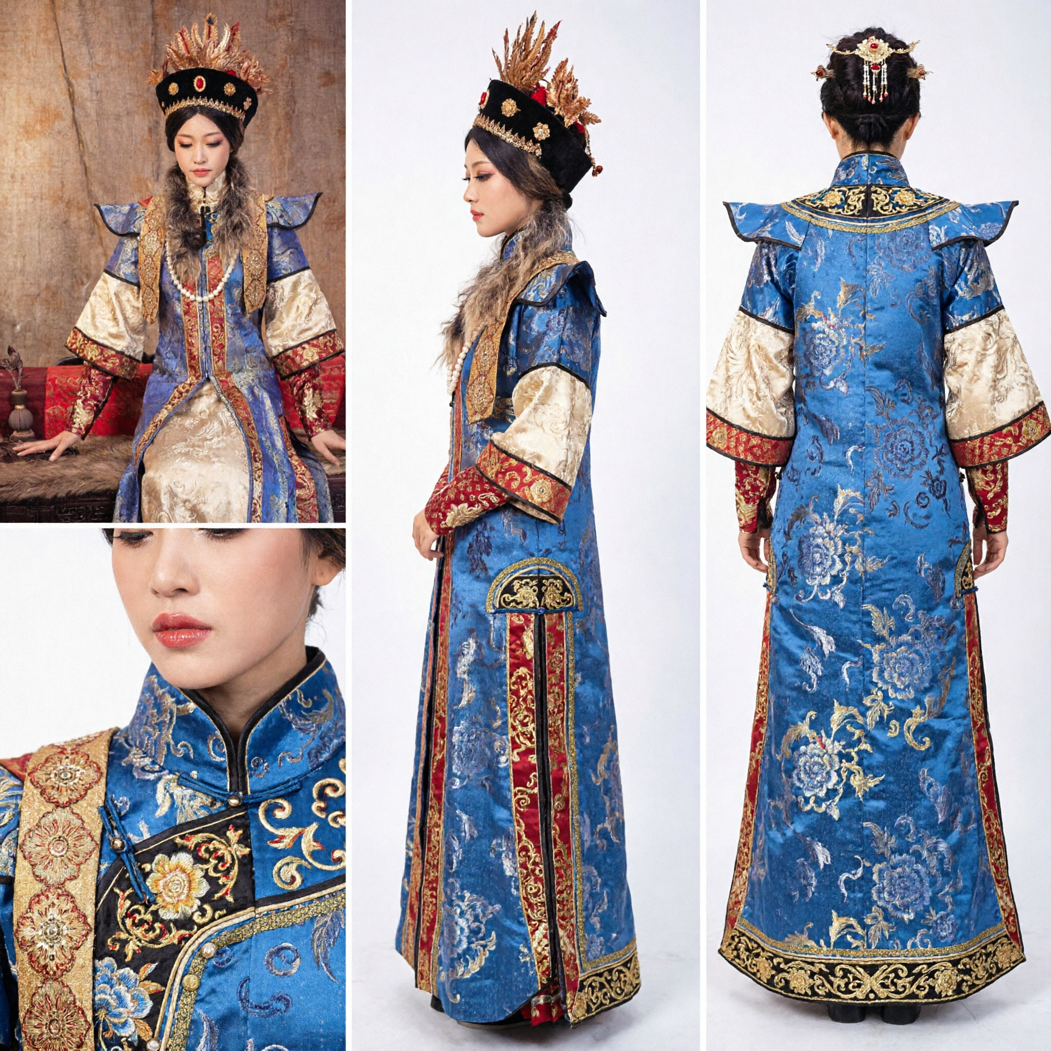 Traditional Chinese Mongolian National Costume for Women Blue Silk Robe with Fur and Headdress