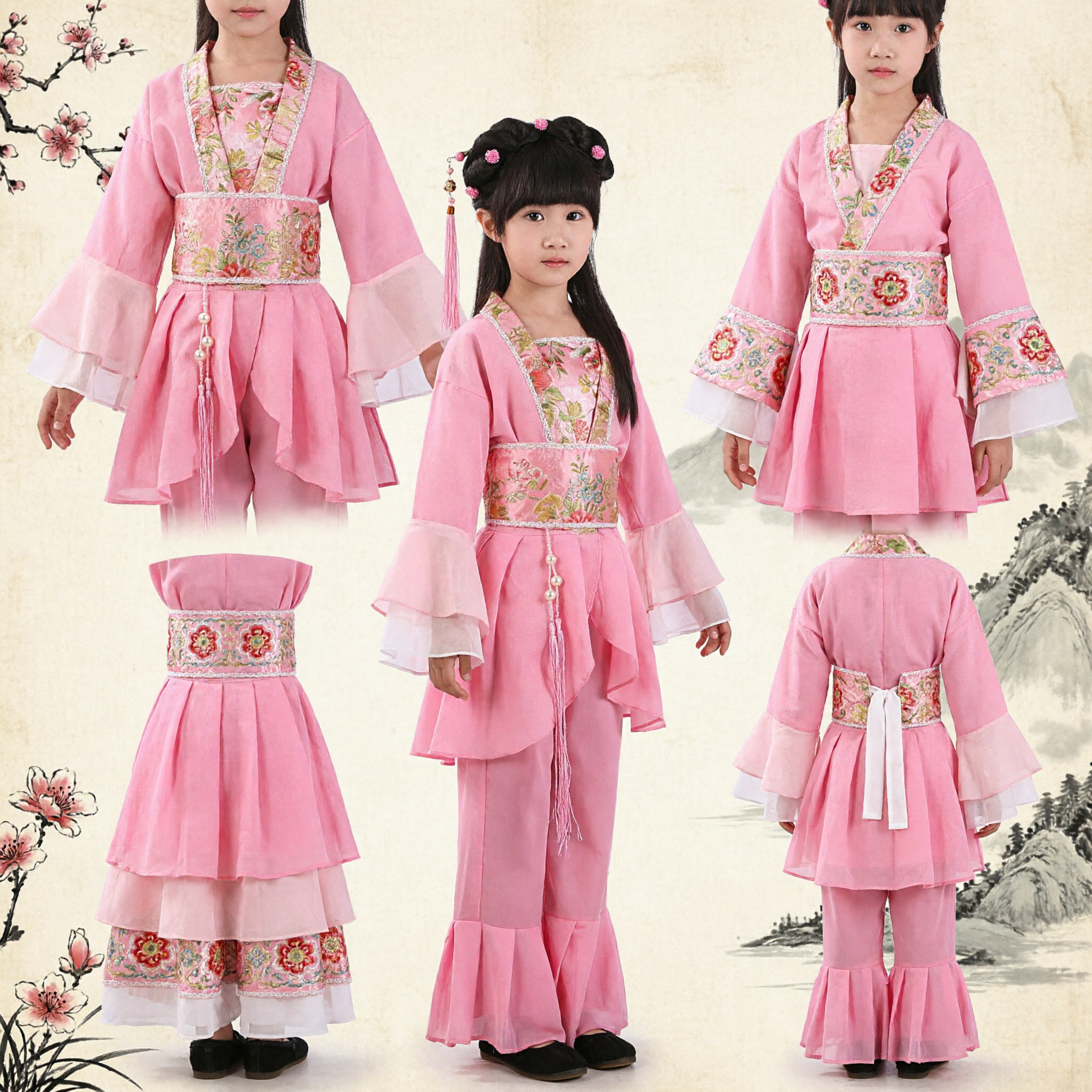 Traditional Chinese Pink Hanfu Dance Costume for Girls Ancient Style Folk Performance Outfit with Floral Embroidery
