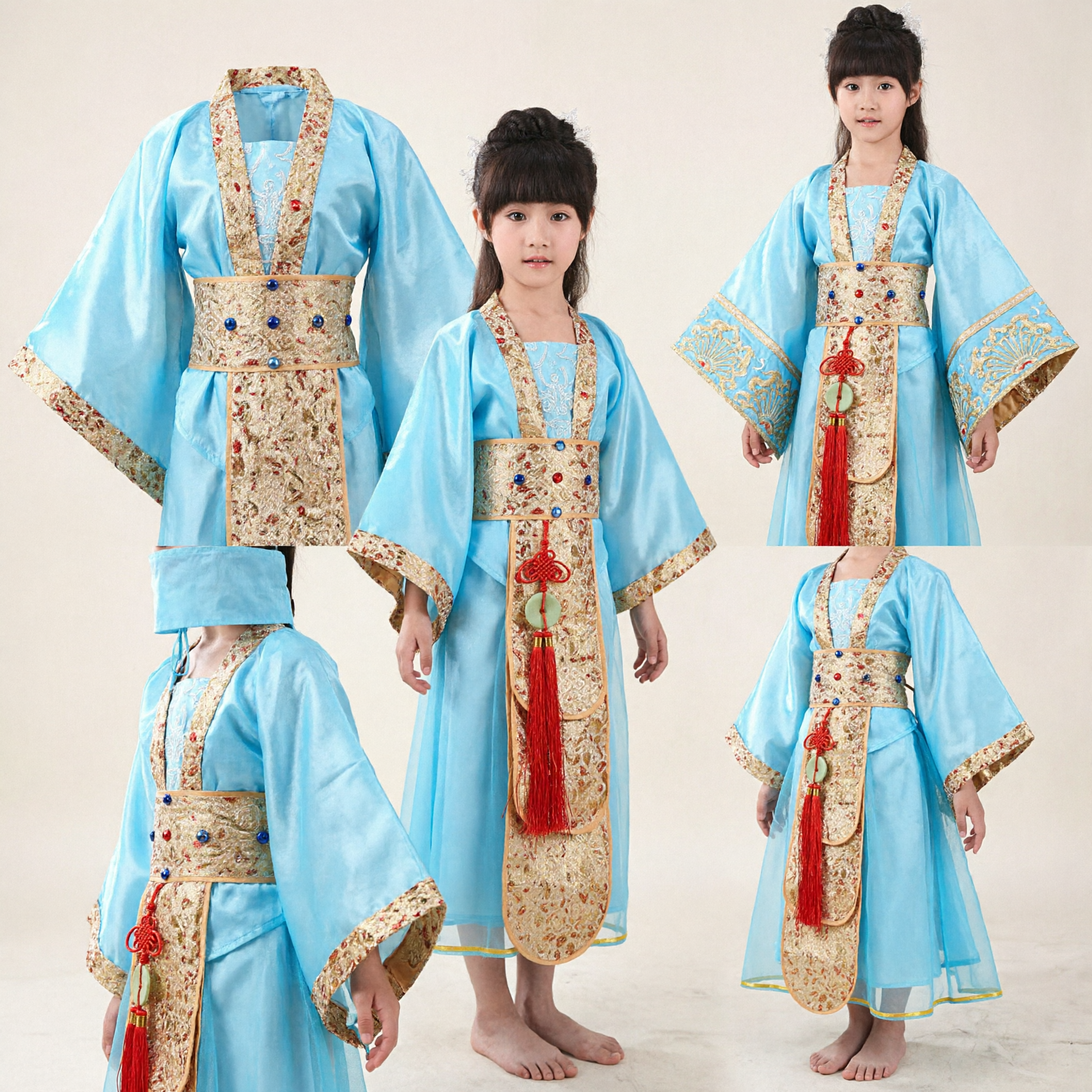 Kids Girls Traditional Chinese Hanfu Costume Blue Ancient Fairy Dress for Stage Dance Performance