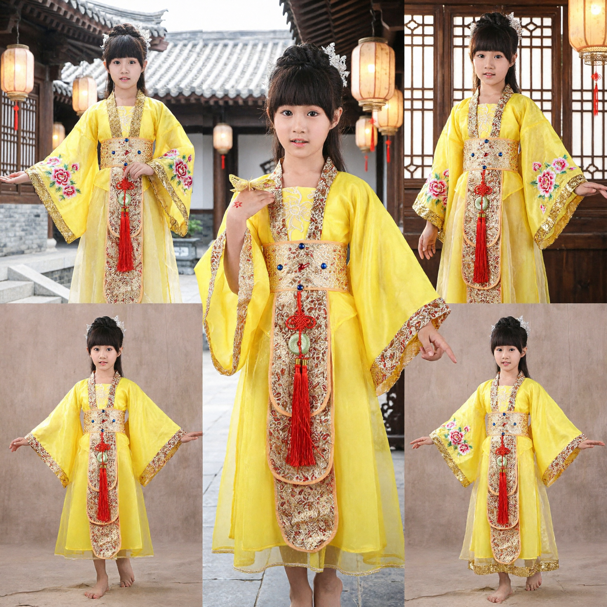 Yellow Chinese Traditional Hanfu Costume for Kids Girls Ancient Princess Tang Dynasty Dress for Performance