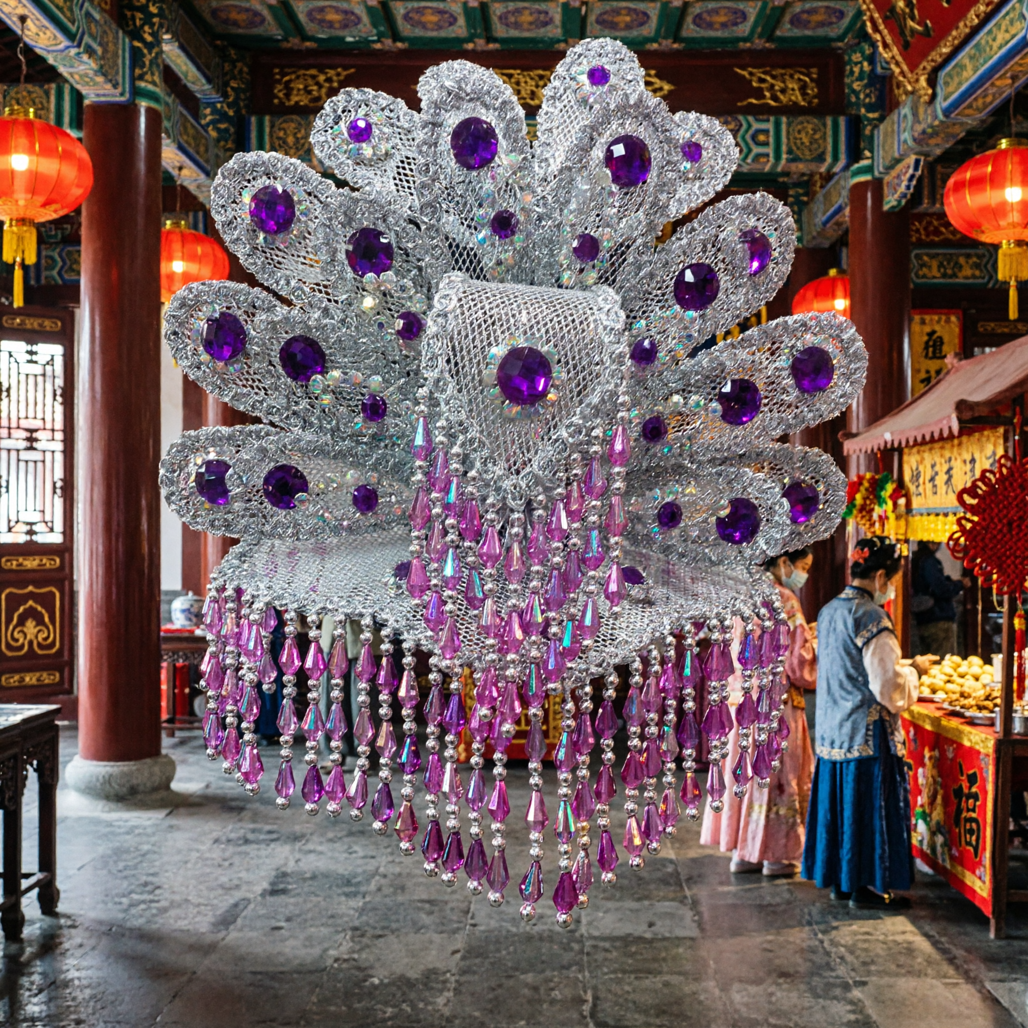 Stunning Purple and Silver Rhinestone Peacock Headdress with Beaded Tassels for Carnival and Stage Dance