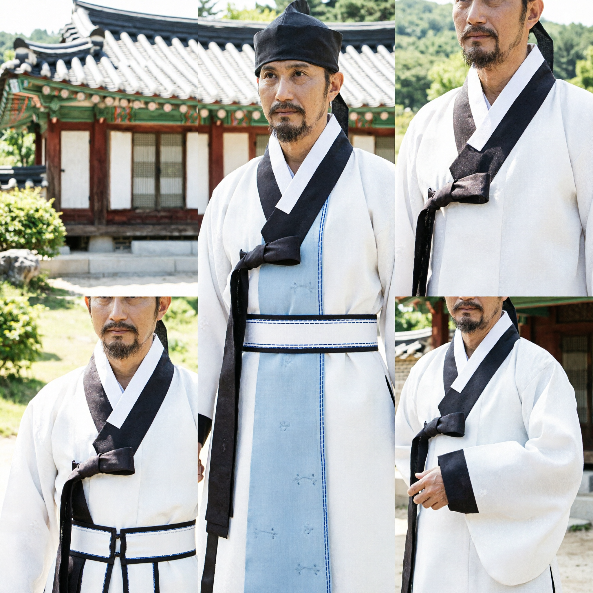 Traditional Korean Hanbok Men's White Dopo Robe Black Trim Scholar Costume for Wedding Ceremony