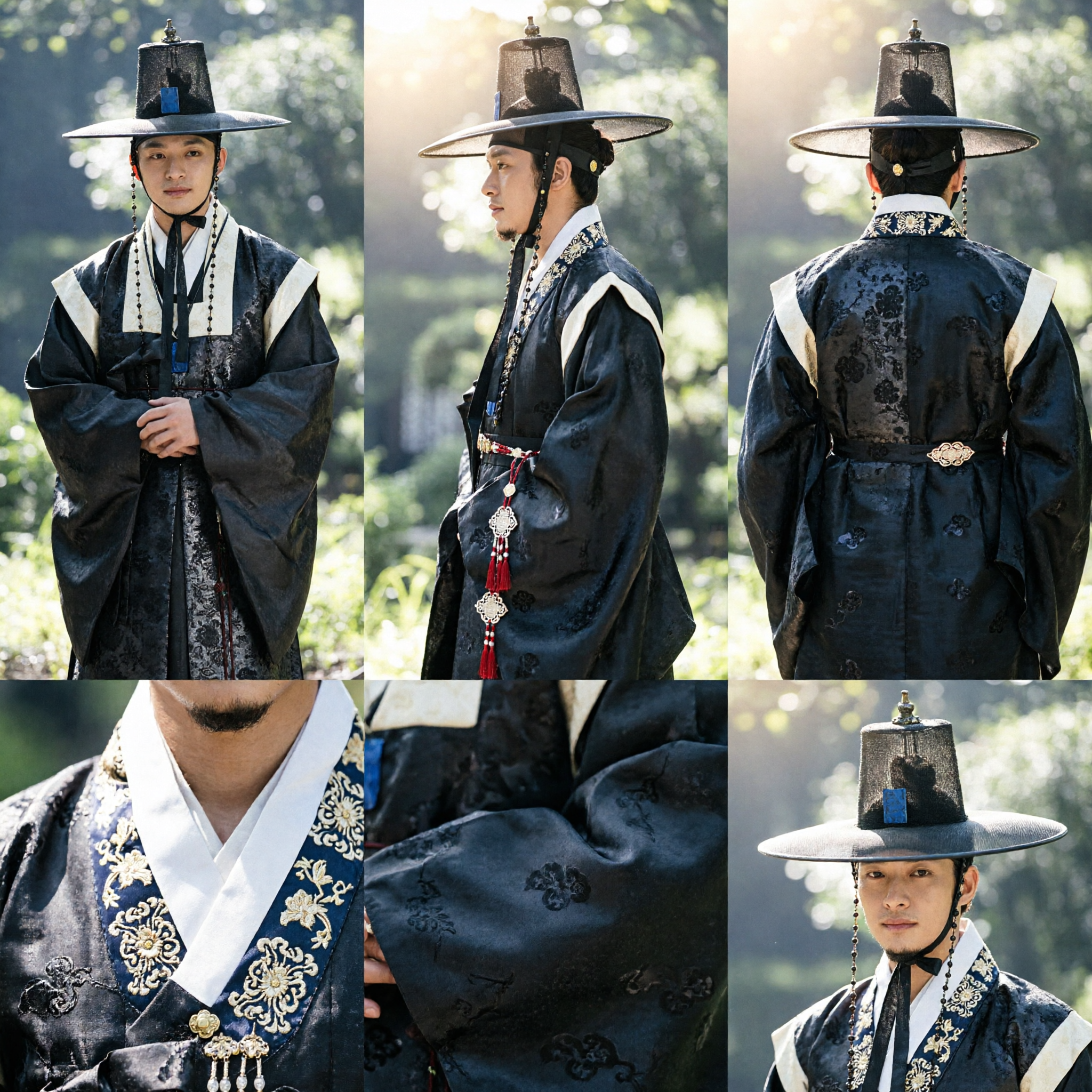 Men's Traditional Korean Hanbok Black Scholar Robe and Gat Hat Set for Wedding or Cosplay
