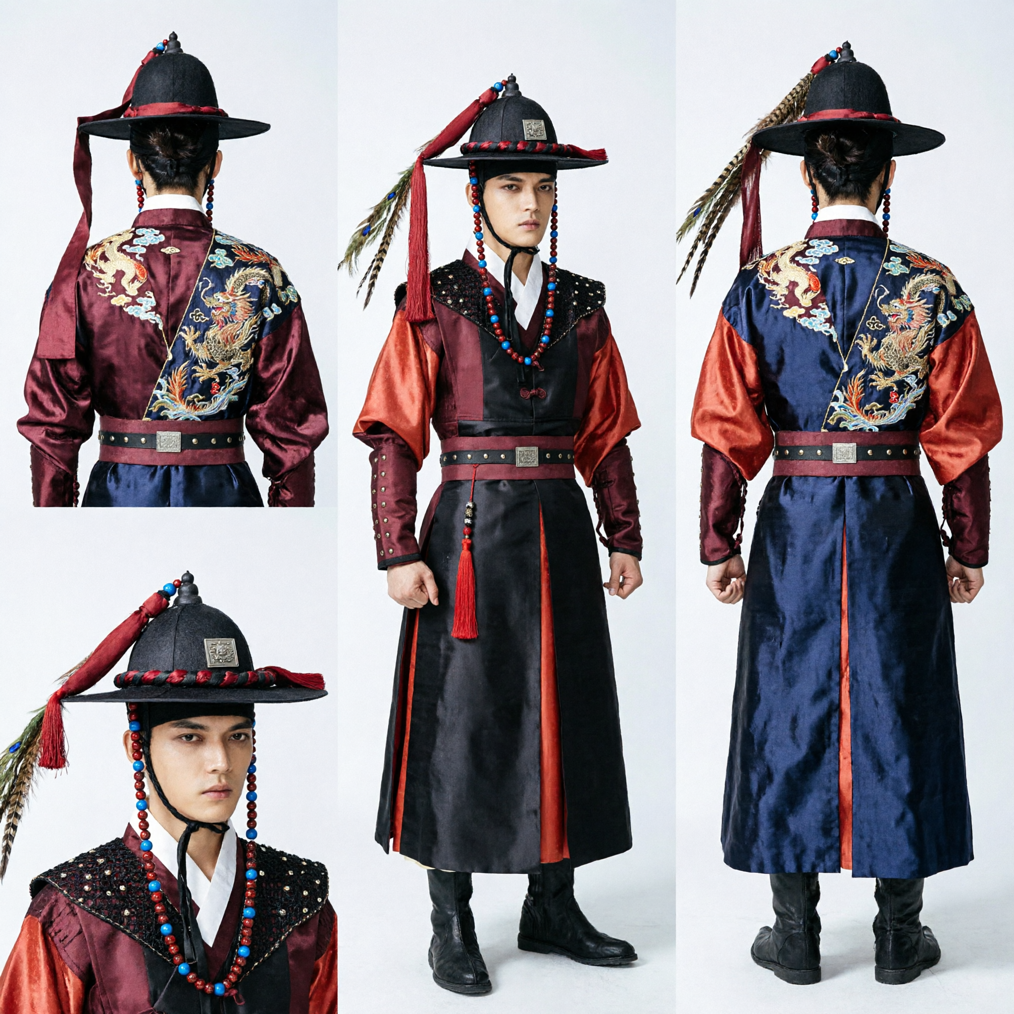 Men's Traditional Korean Hanbok Warrior Costume Red and Black Joseon Dynasty General Outfit for Cosplay