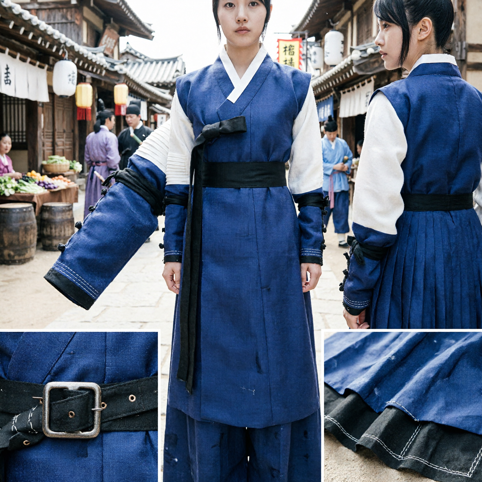 Traditional Korean Hanbok Warrior Costume Blue Black Swordsman Outfit for Women Historical Drama Cosplay