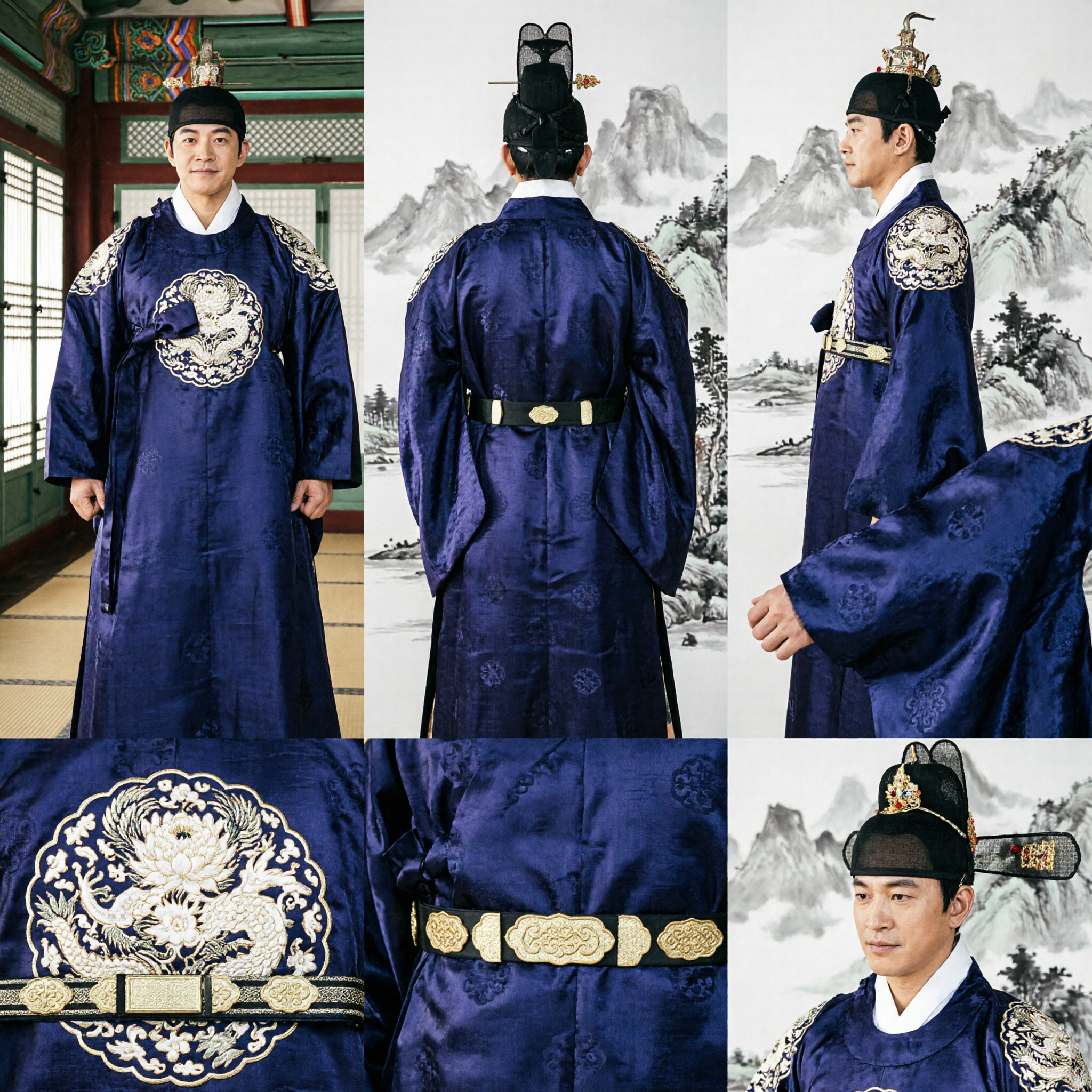 Men's Traditional Korean Hanbok Royal King Costume Dark Blue Joseon Dynasty Dragon Robe for Historical Drama