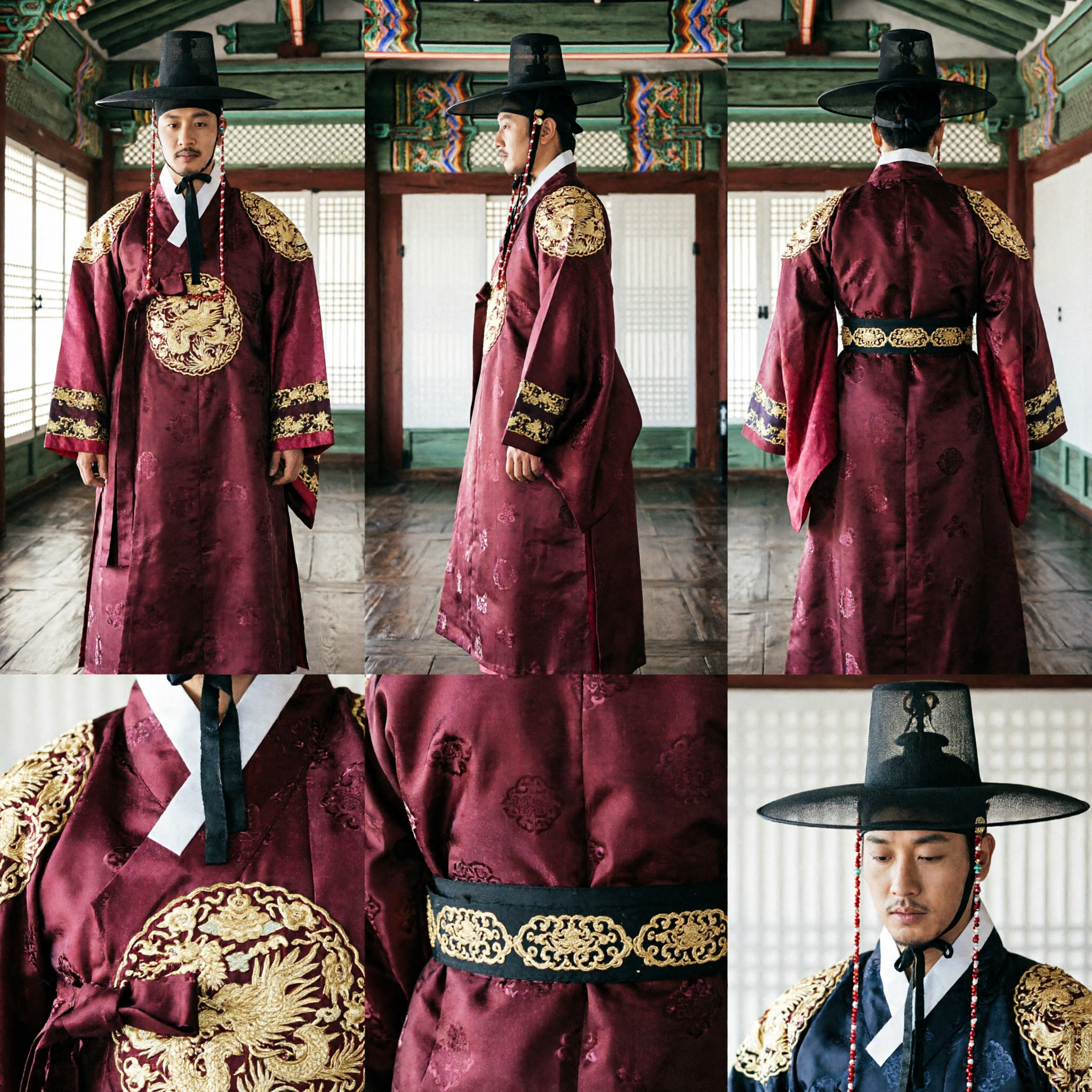 Traditional Korean Men's Hanbok Red Official Robe with Black Gat Hat for Wedding or Historical Cosplay