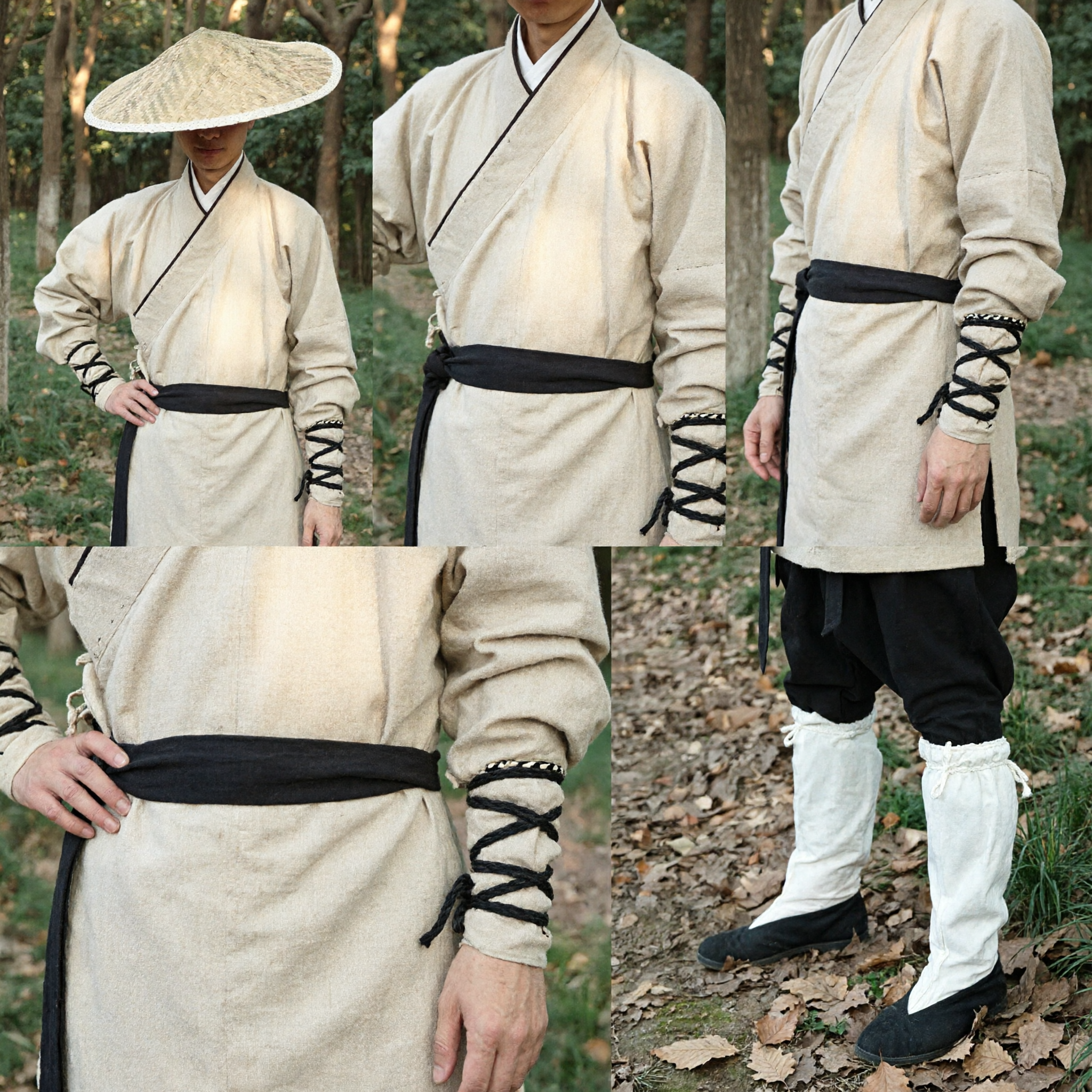 Men's Ancient Chinese Kung Fu Costume Traditional Martial Arts Commoner Outfit with Straw Hat