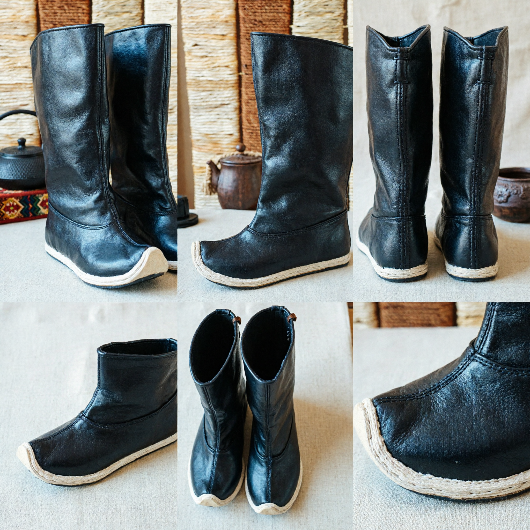 Traditional Chinese Black Leather Boots Ancient Warrior Mongolian Style Kung Fu Cosplay Costume Shoes for Men