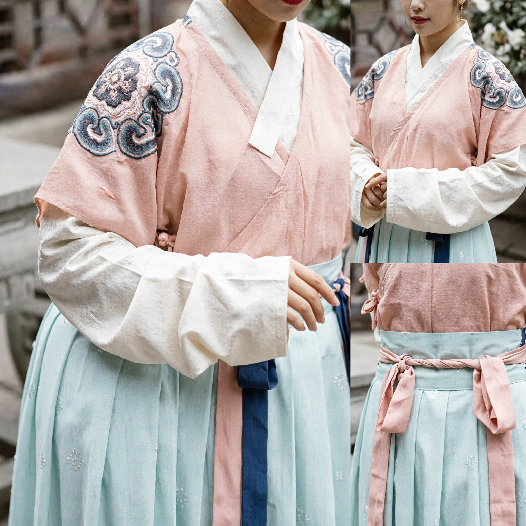 Elegant Women's Traditional Korean Hanbok Dress Pink Jeogori with Embroidery and Pale Green Chima for Historical Costume