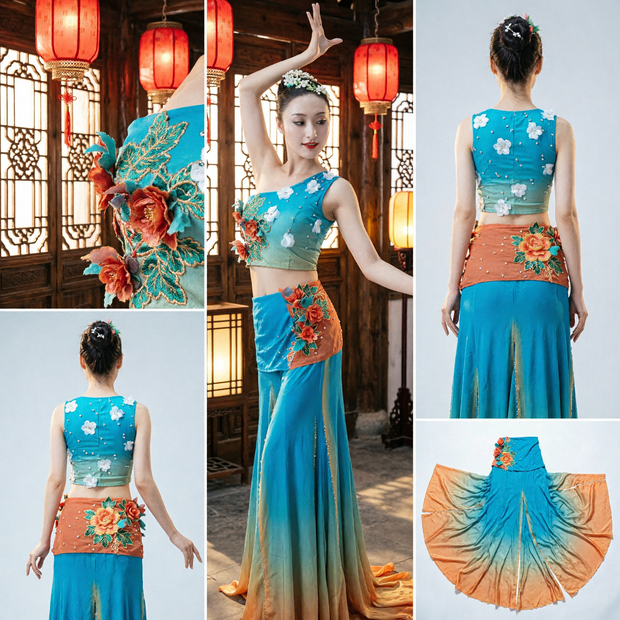 Women's Dai Nationality Peacock Dance Costume Blue One-Shoulder Top Gradient Long Skirt Stage Performance Wear