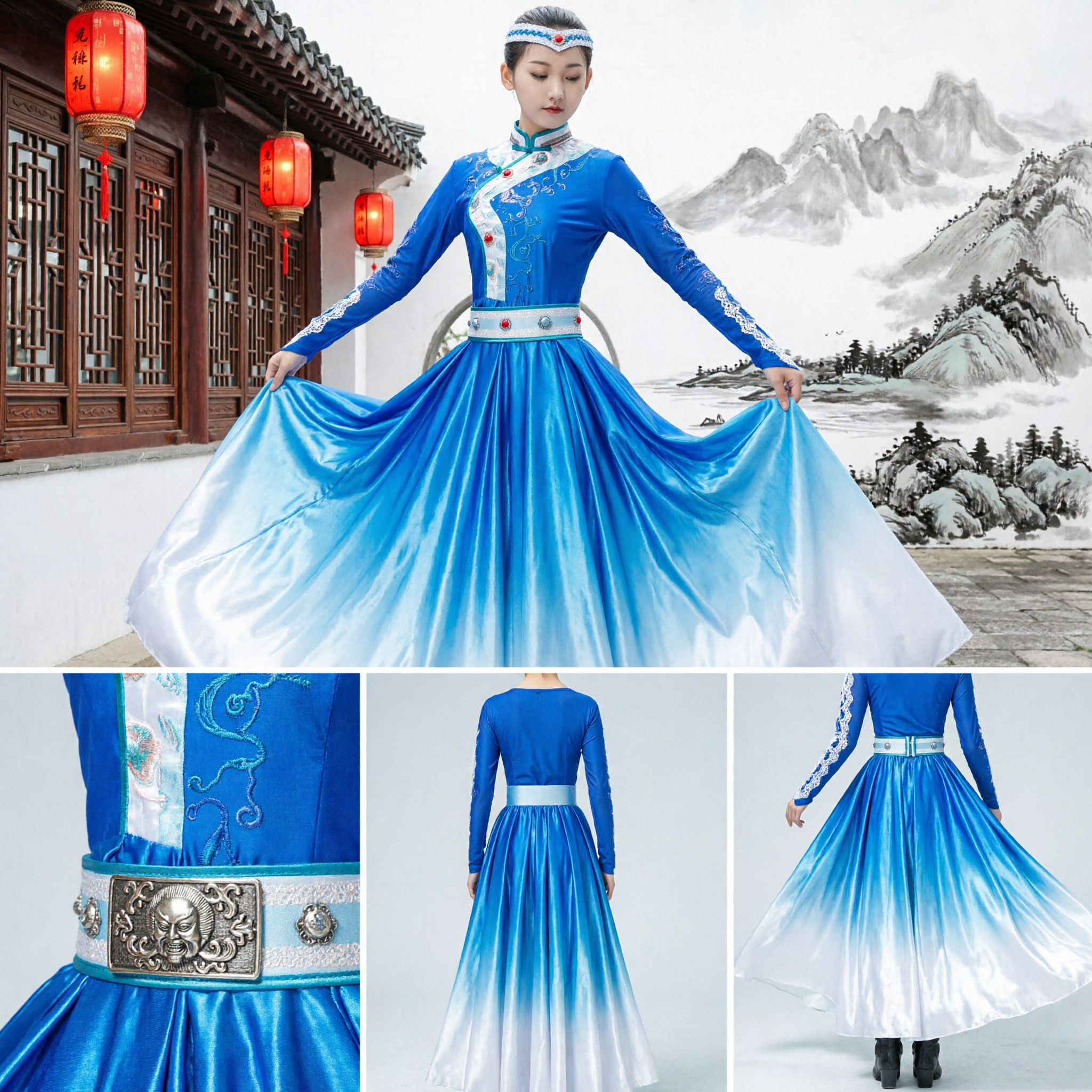 Traditional Blue Mongolian Dance Costume for Women Ethnic Folk Dress Stage Performance Outfit with Headpiece