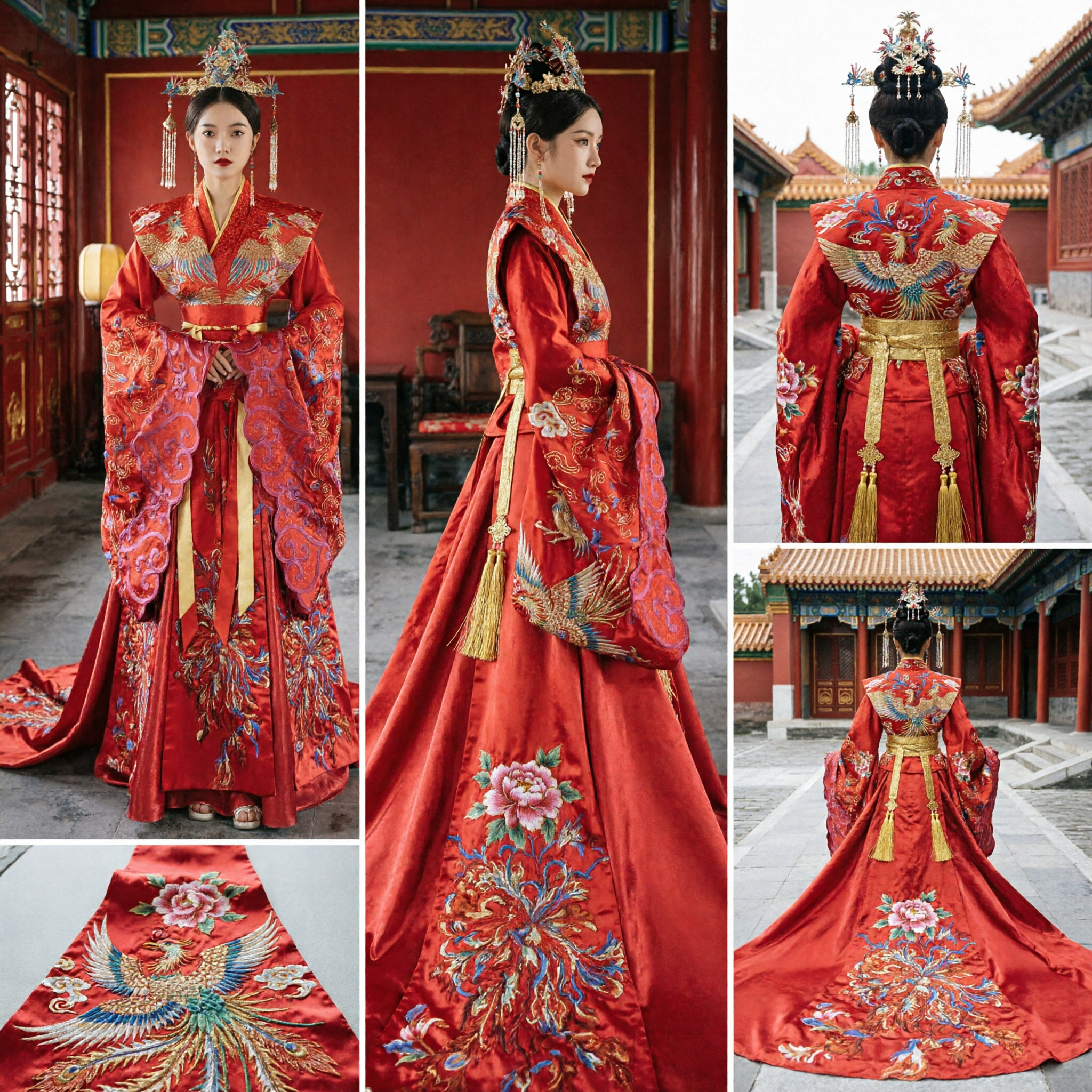 Chinese Traditional Wedding Dress Ancient Bride Red Phoenix Robe Xiu He Fu Hanfu Costume for Women