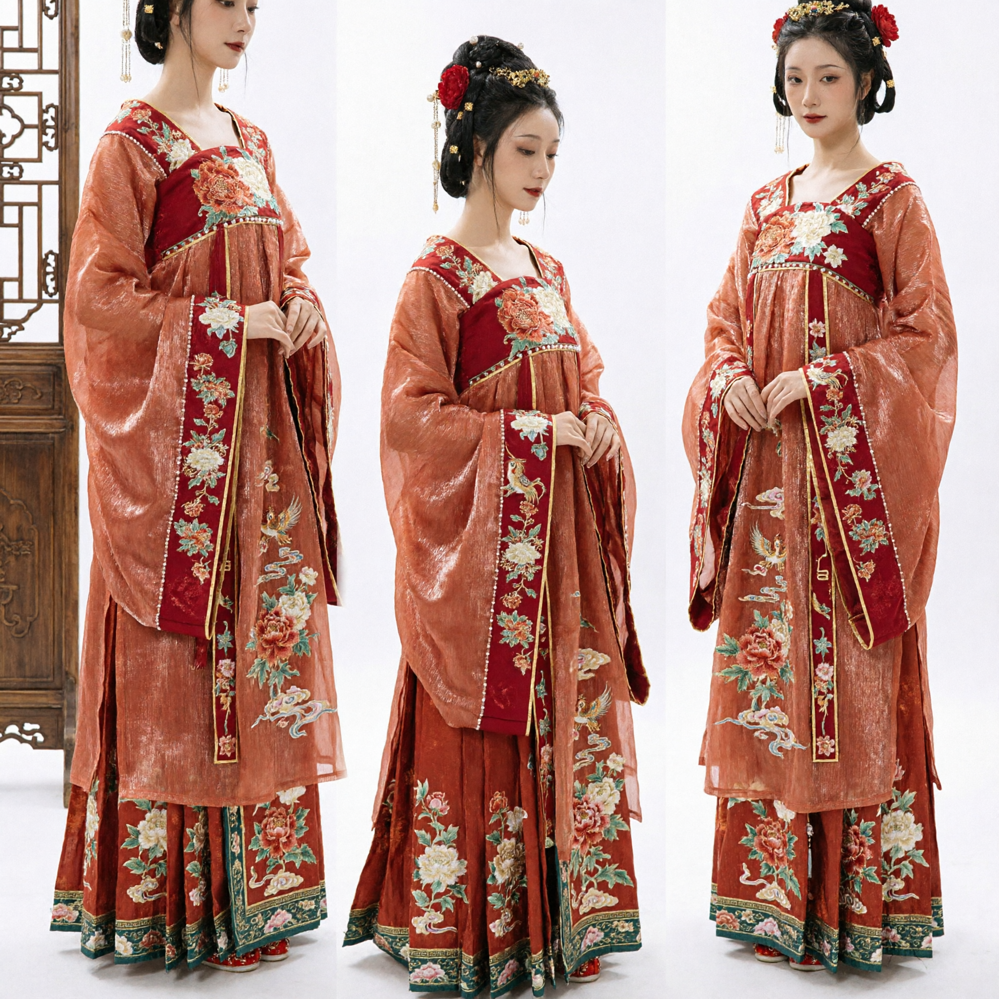 Traditional Chinese Tang Dynasty Red Hanfu Dress Embroidered Floral Wedding Costume Ancient Outfit for Women