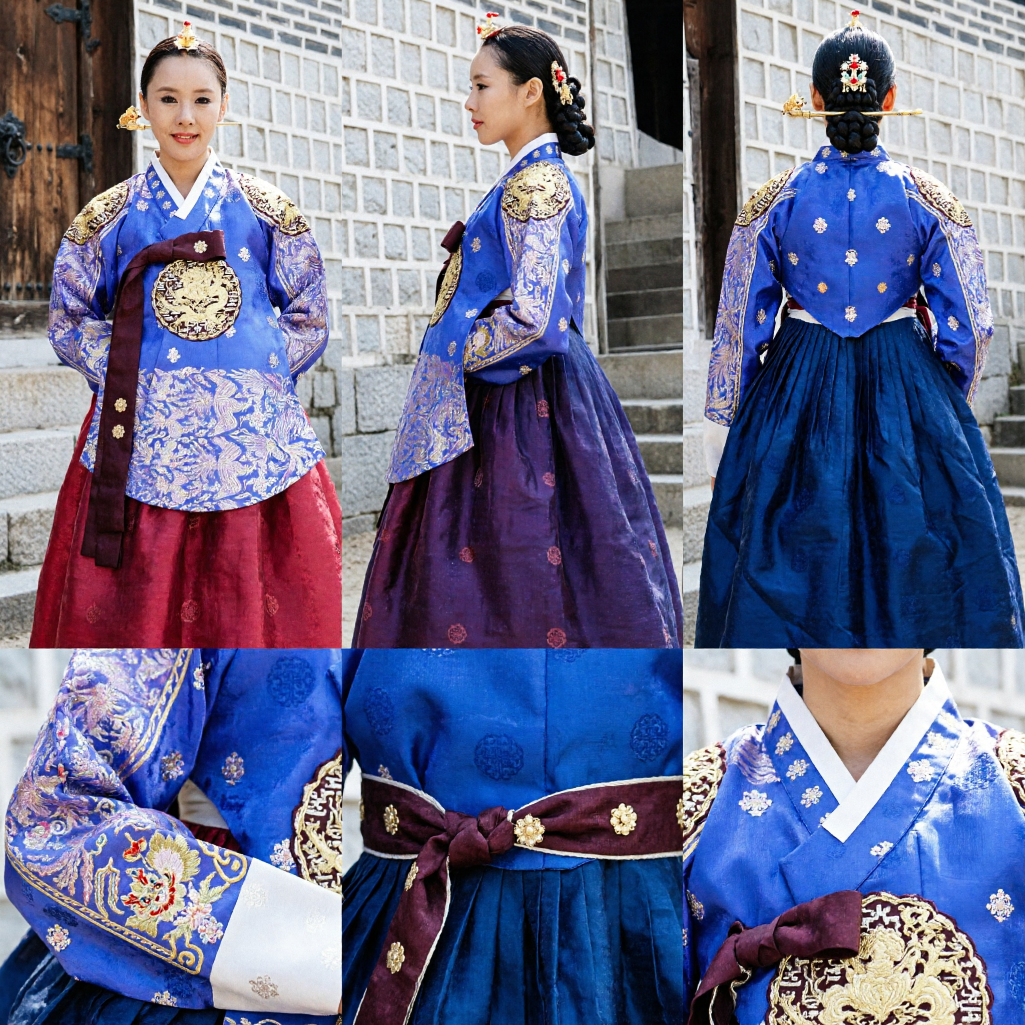 Women's Blue Korean Hanbok Traditional Palace Costume Royal Queen Dress with Gold Embroidery