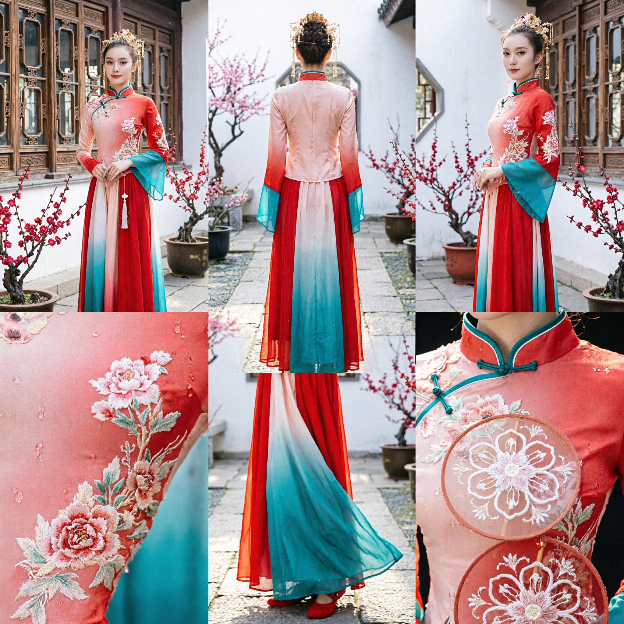 Traditional Chinese Classical Dance Costume Women Red Embroidered Fan Dress Stage Performance Folk Outfit