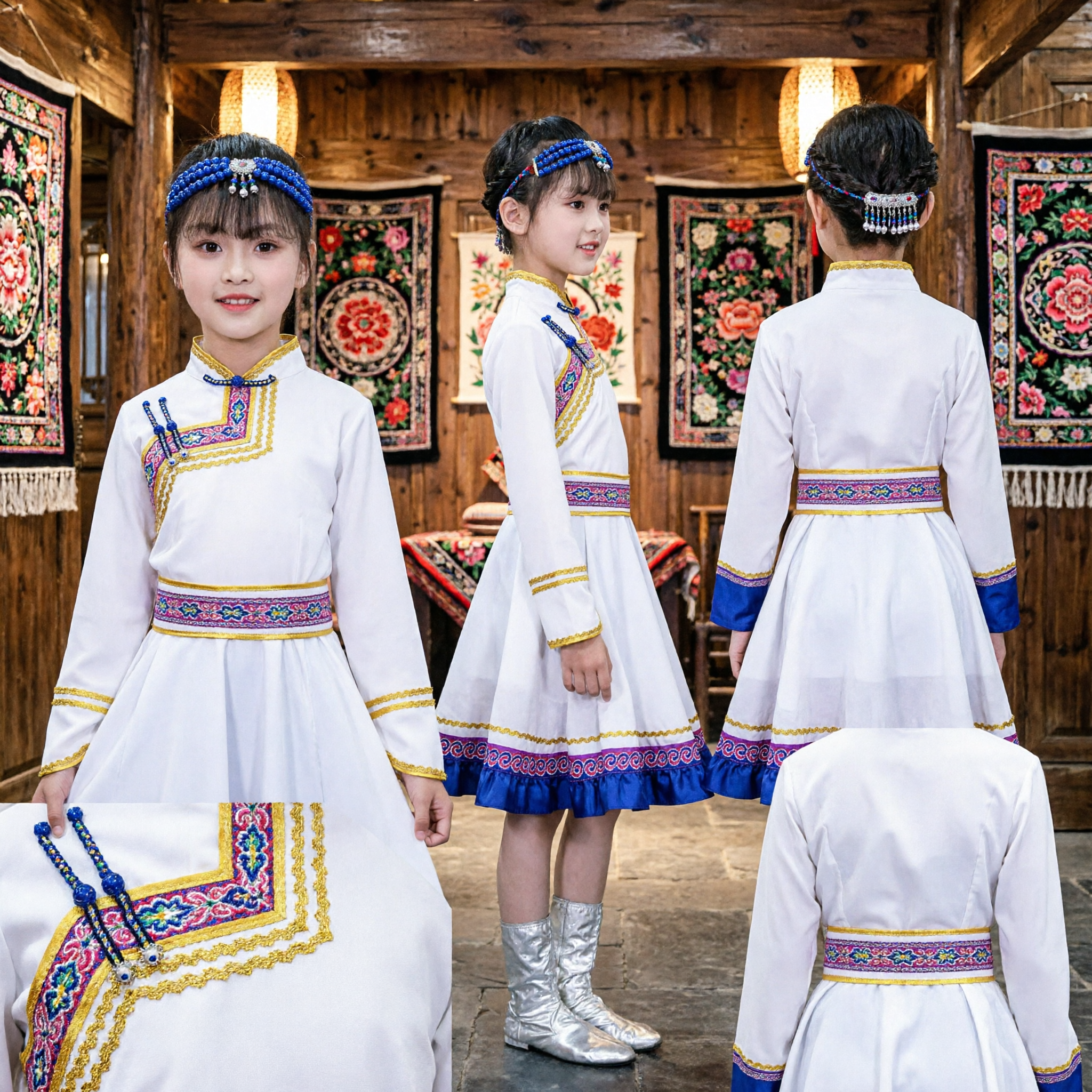 Traditional Chinese Mongolian Ethnic Dance Costume for Girls Kids White Blue Folk Performance Dress