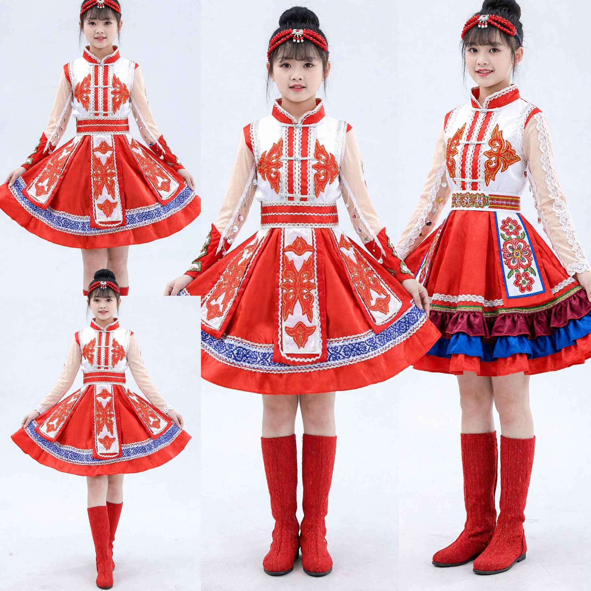 Chinese Traditional Ethnic Dance Costume for Kids Girls Mongolian Style Folk Dress Performance Outfit with Boots