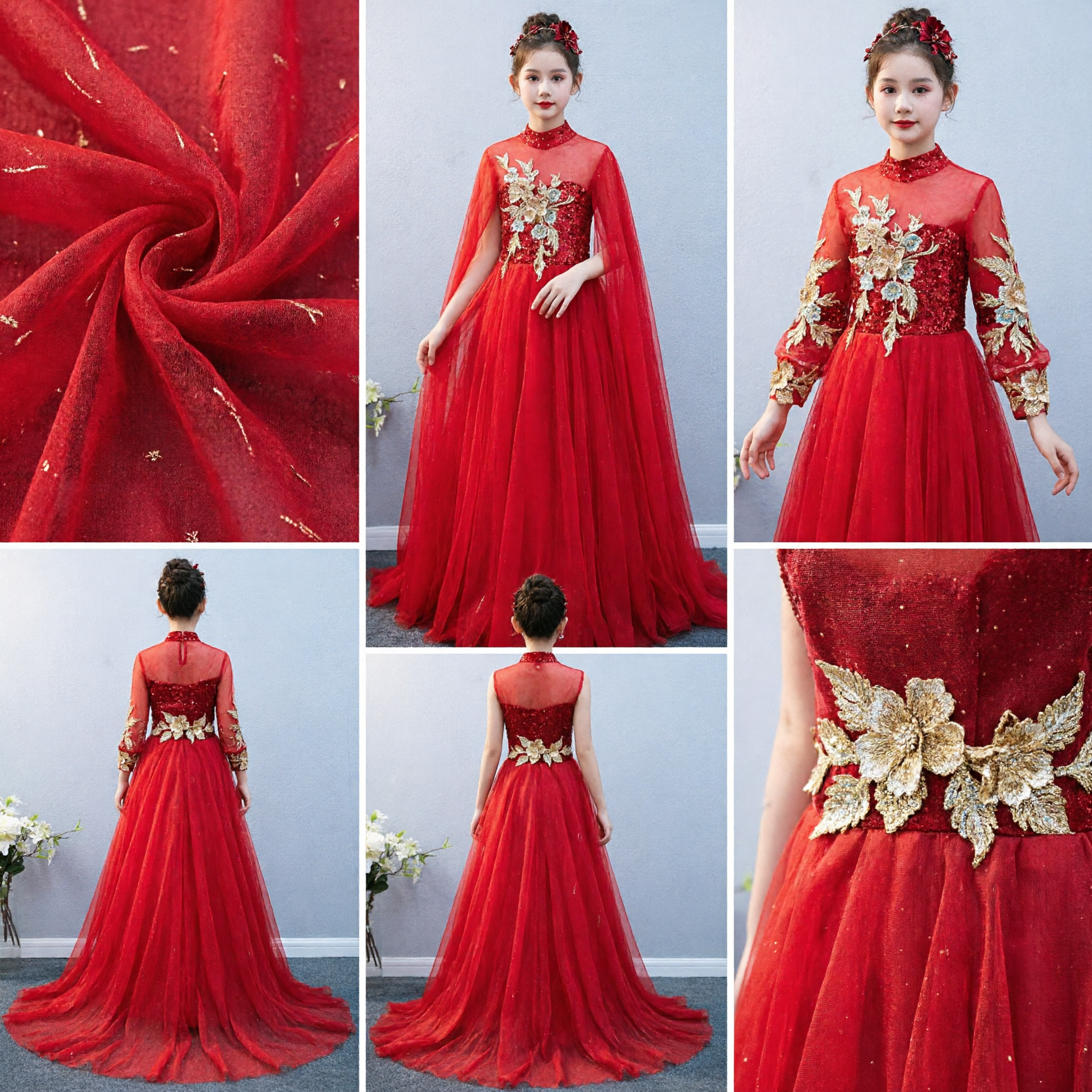 Children's Red Formal Evening Gown with Sheer Cape and Gold Floral Embroidery for Wedding Host