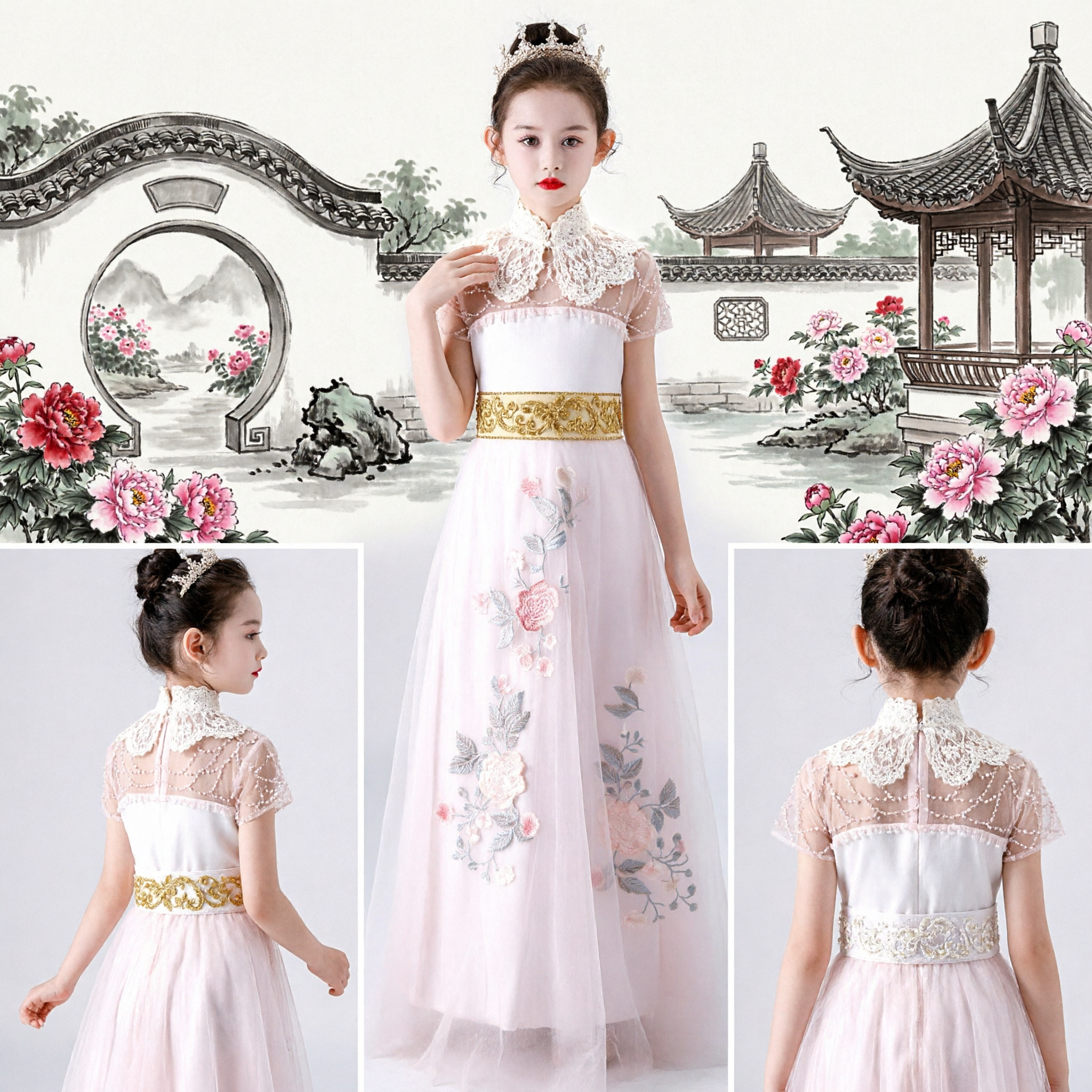 Elegant Girls Long Chinese Cheongsam Dress White Princess Gown with Floral Embroidery for Wedding Flower Girl Formal Party