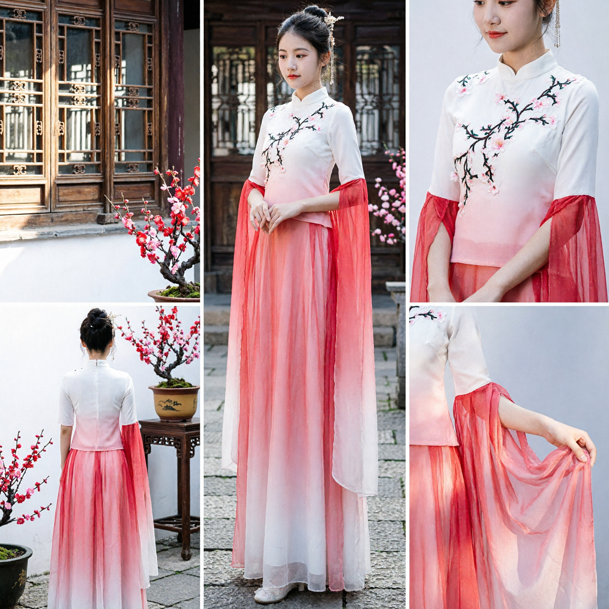 Kids Girls Chinese Traditional Hanfu Dress Pink Gradient Embroidery Ancient Dance Performance Costume Clothing