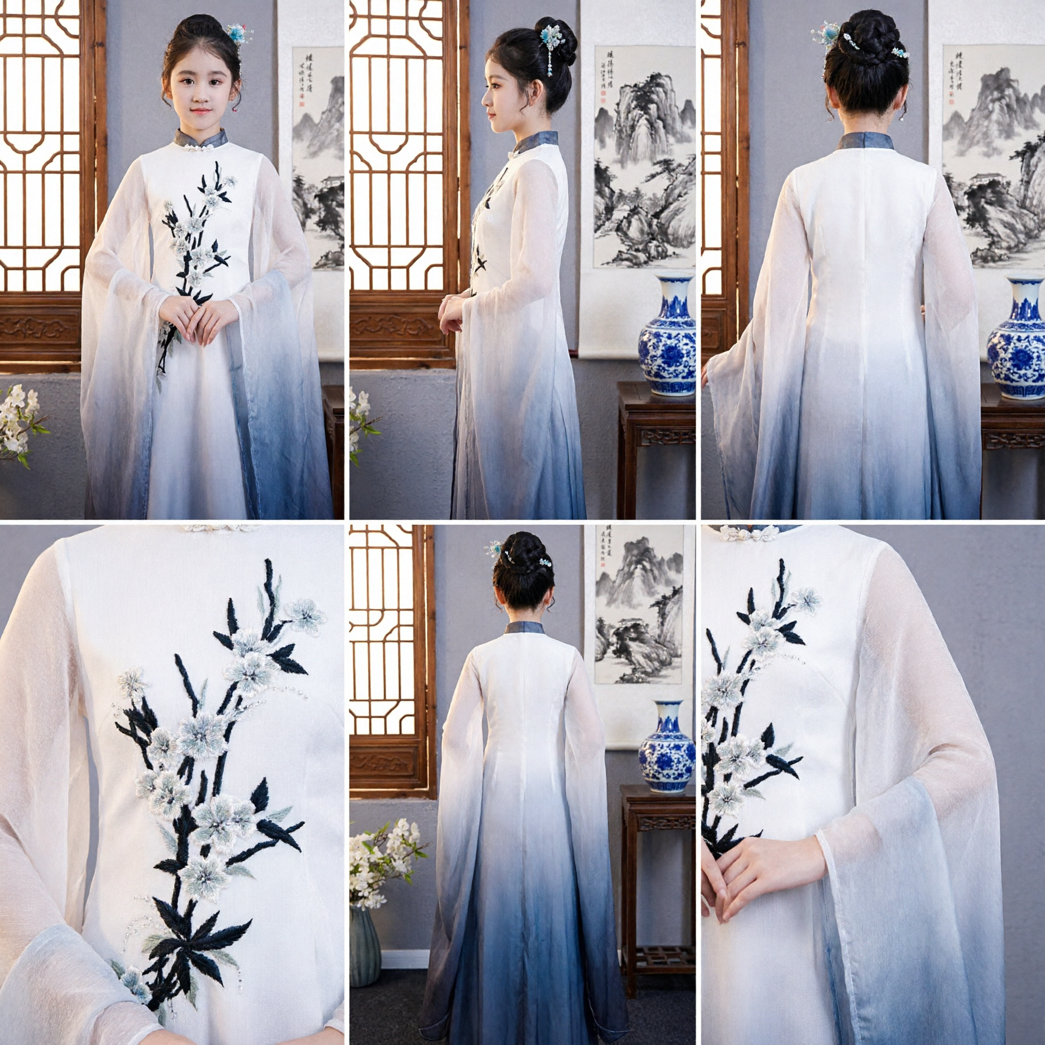 Elegant Chinese Traditional Hanfu Dress for Girls Plum Blossom Embroidery Ombre Cheongsam with Cape for Performance