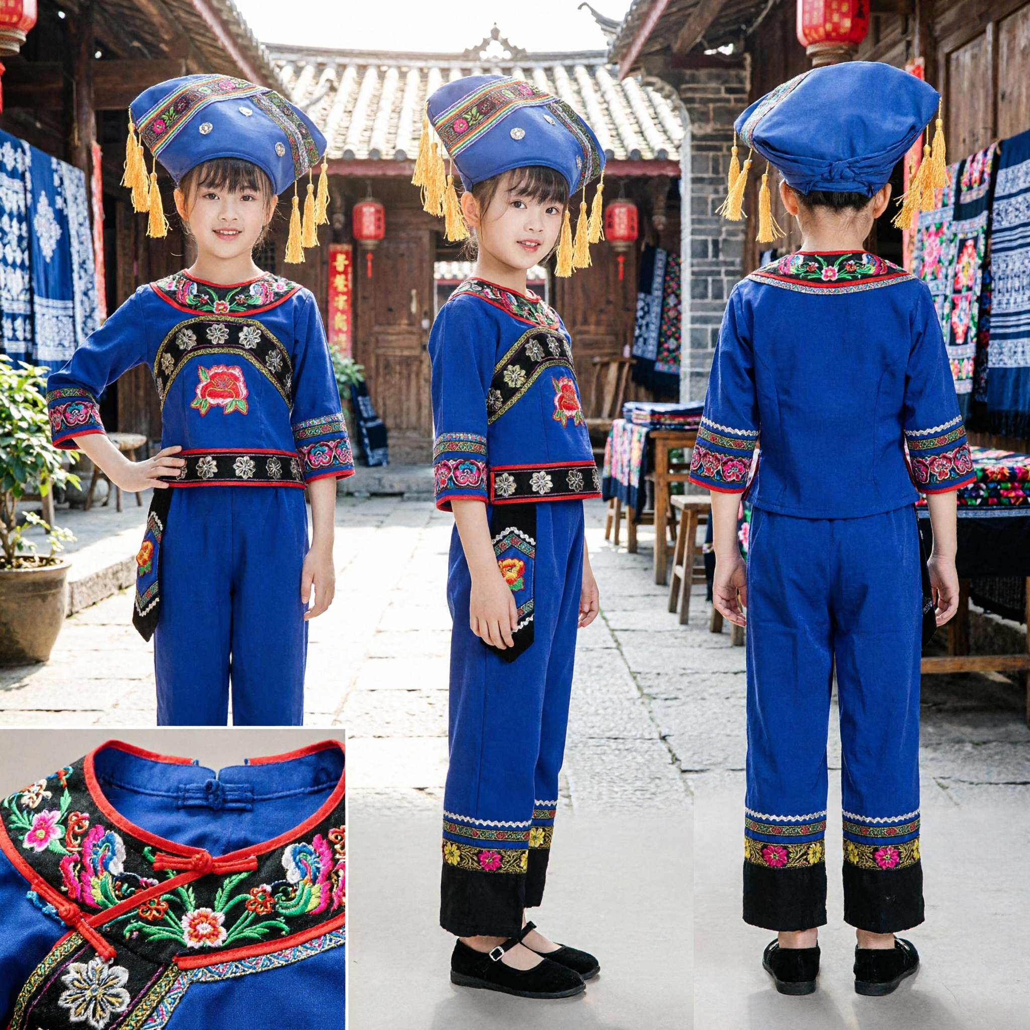 Chinese Traditional Ethnic Minority Blue Folk Dance Costume for Girls Kids Stage Performance Outfit with Hat