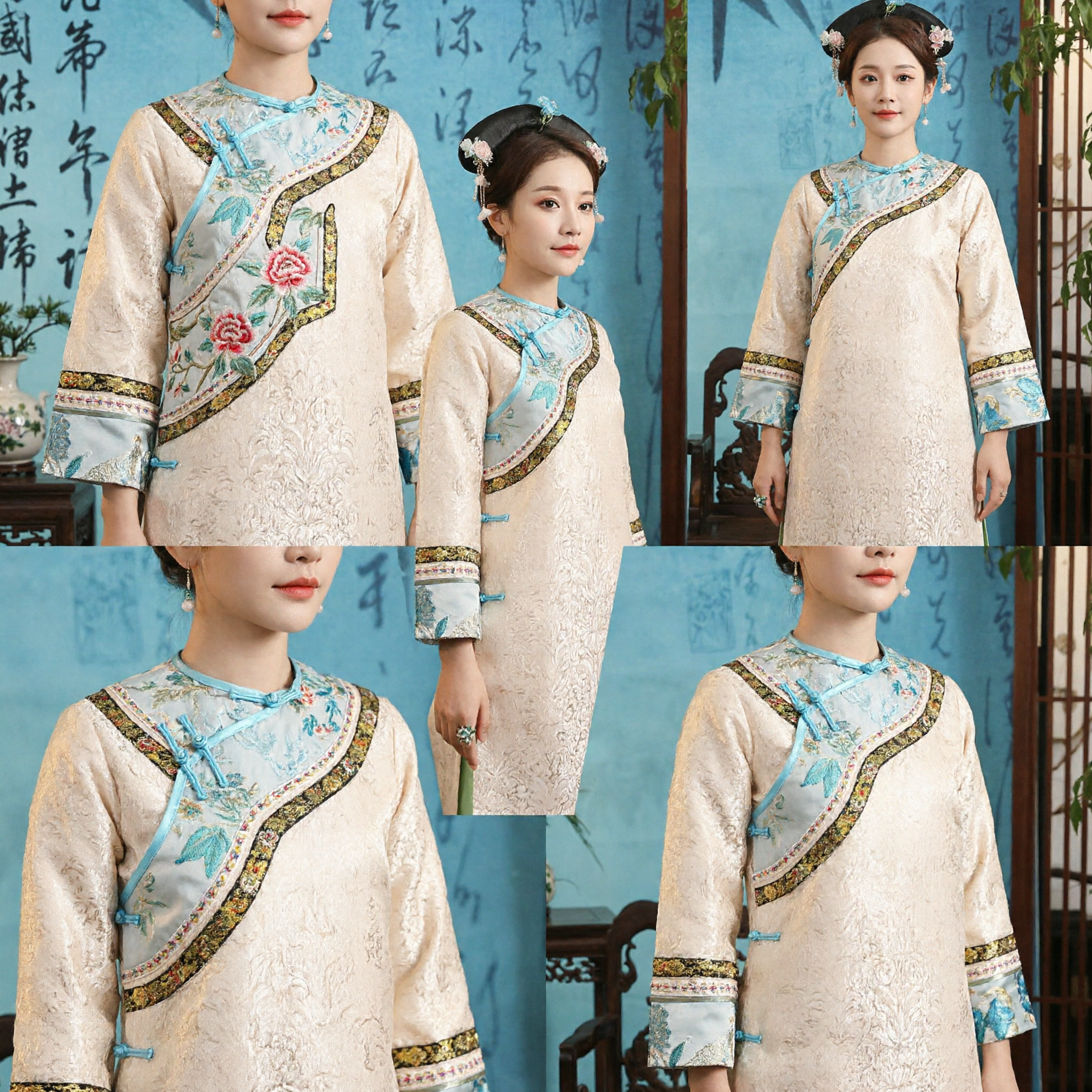 Elegant Beige Qing Dynasty Manchu Lady Robe Traditional Chinese Ancient Costume for Women Historical Cosplay