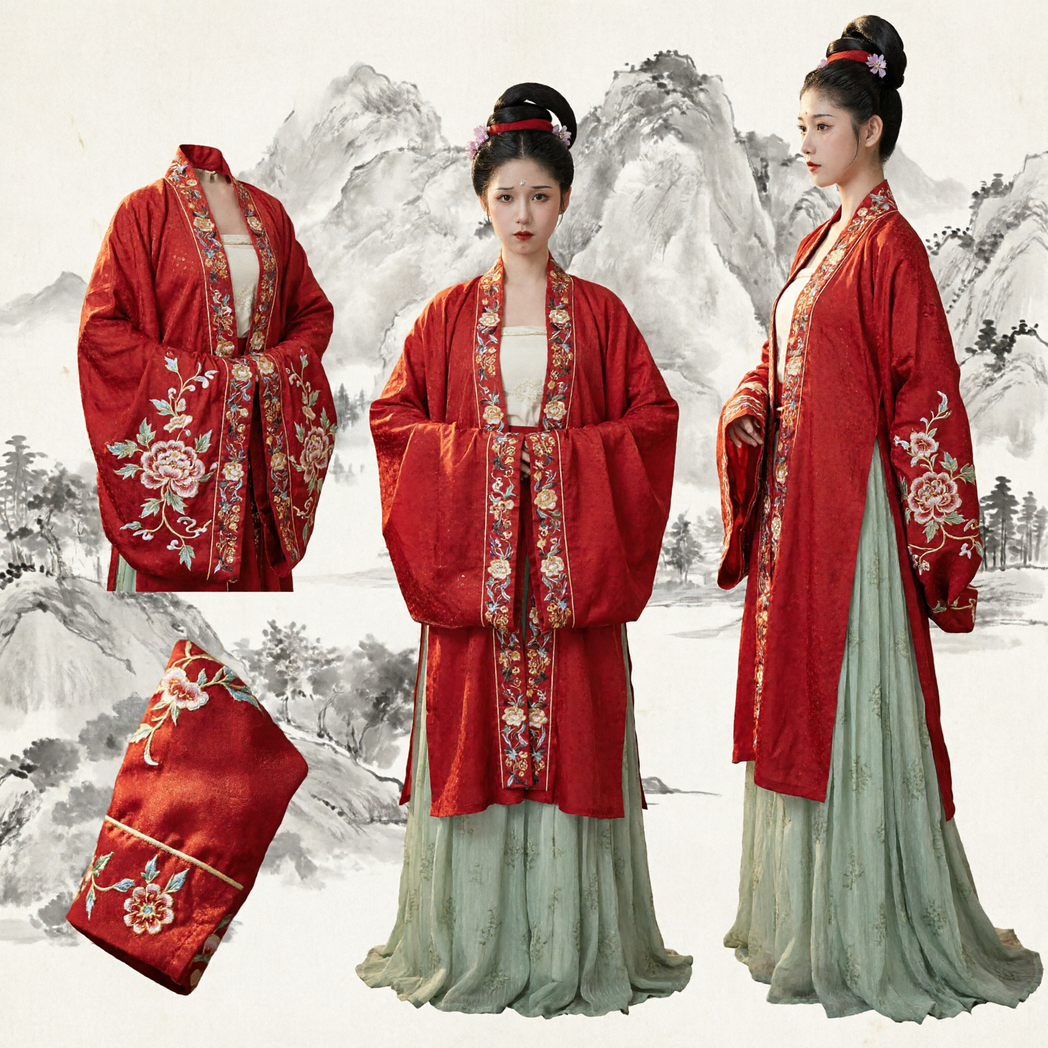Traditional Chinese Hanfu Costume Red Embroidered Robe and Green Skirt Set for Women Ancient Cosplay Dress