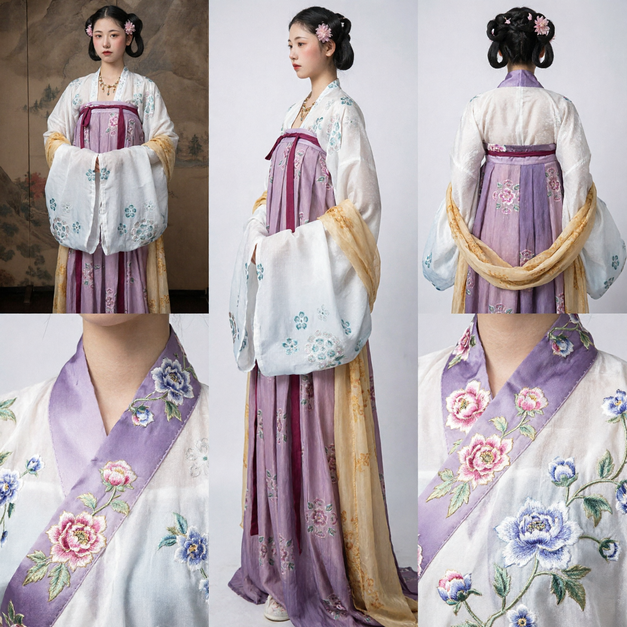 Traditional Chinese Hanfu Tang Dynasty Costume Women Floral Wide Sleeve Purple Skirt Ancient Clothing Set