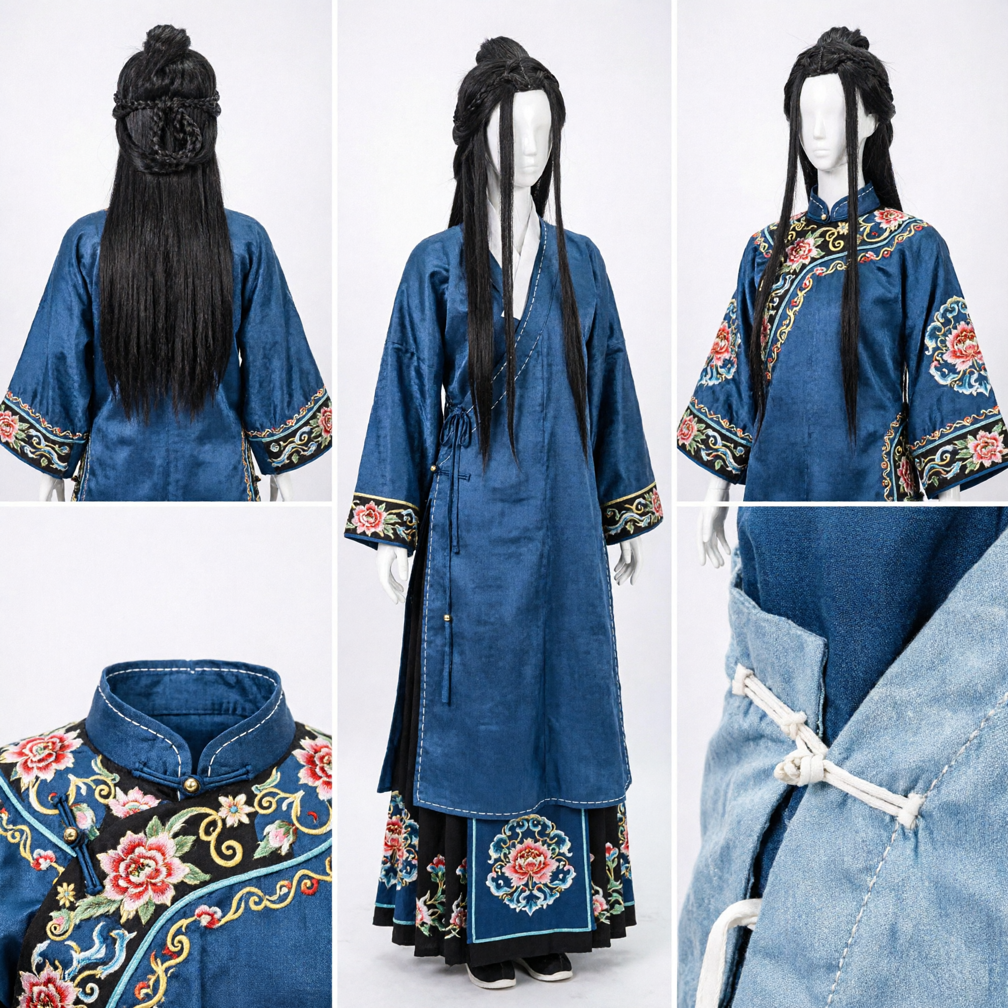 Ancient Chinese Black Wig Long Hair Braided Bun Hanfu Cosplay Hairpiece for Historical Drama Costume