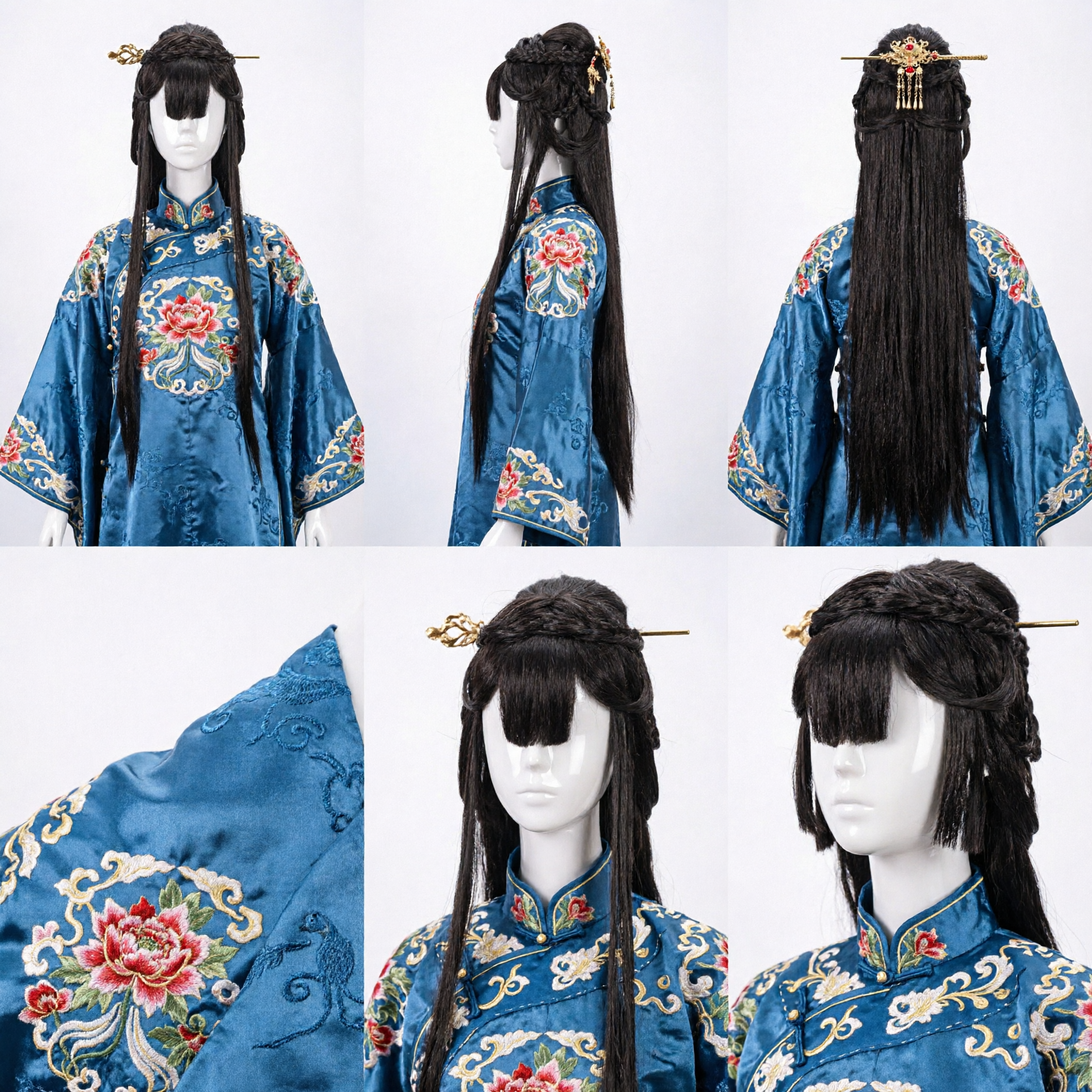 Ancient Chinese Hanfu Wig Long Black Hair Braided Updo for Women Cosplay Costume Period Drama