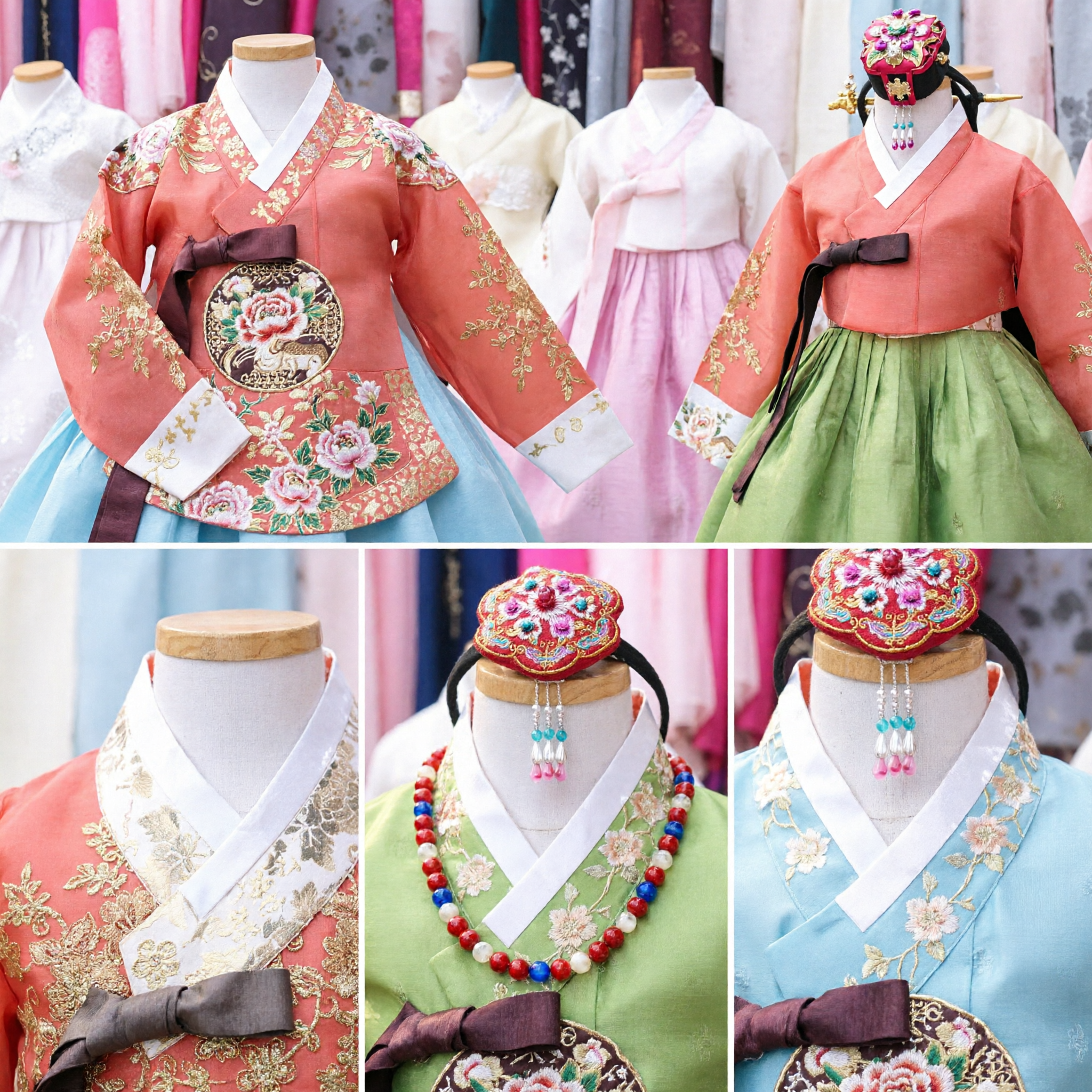 Traditional Korean Hanbok Wedding Dress for Women featuring Gold Embroidery Jeogori and Bridal Headpiece Costume