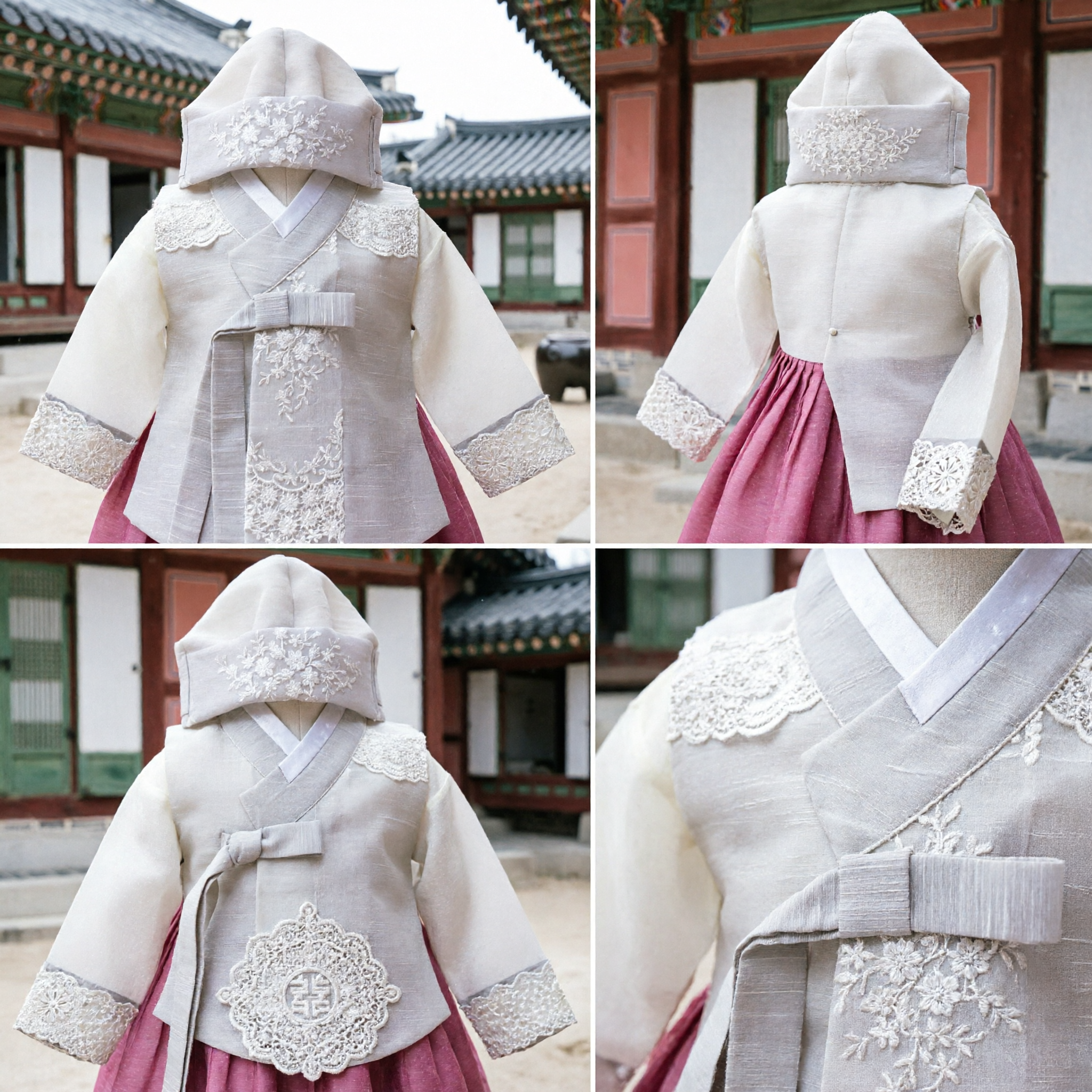 Traditional White Lace Korean Hanbok for Baby Girls First Birthday Doljanchi Costume Set with Pink Pants