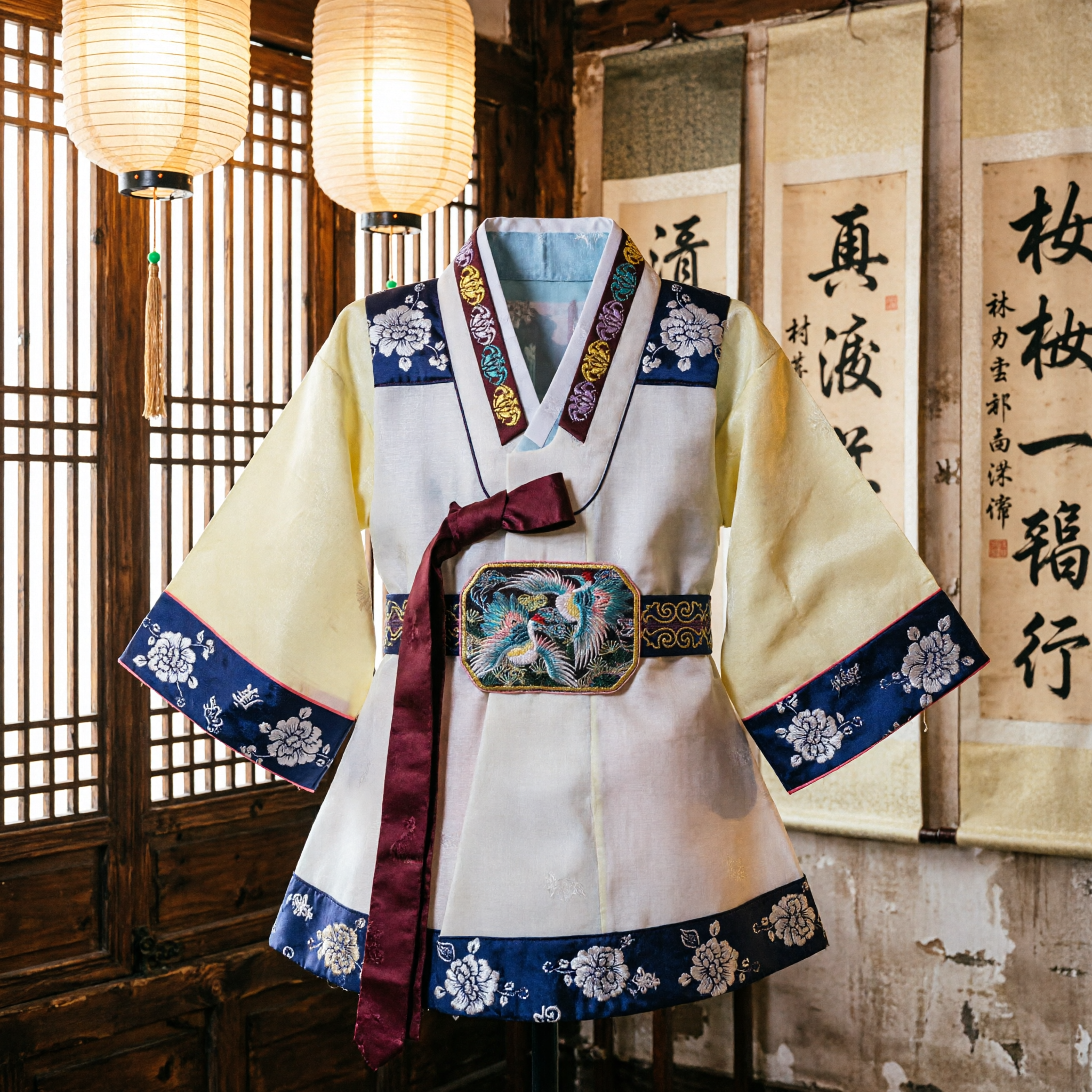 Traditional Korean Hanbok Costume Set with Elegant Crane Embroidery for Weddings and Cultural Festivals
