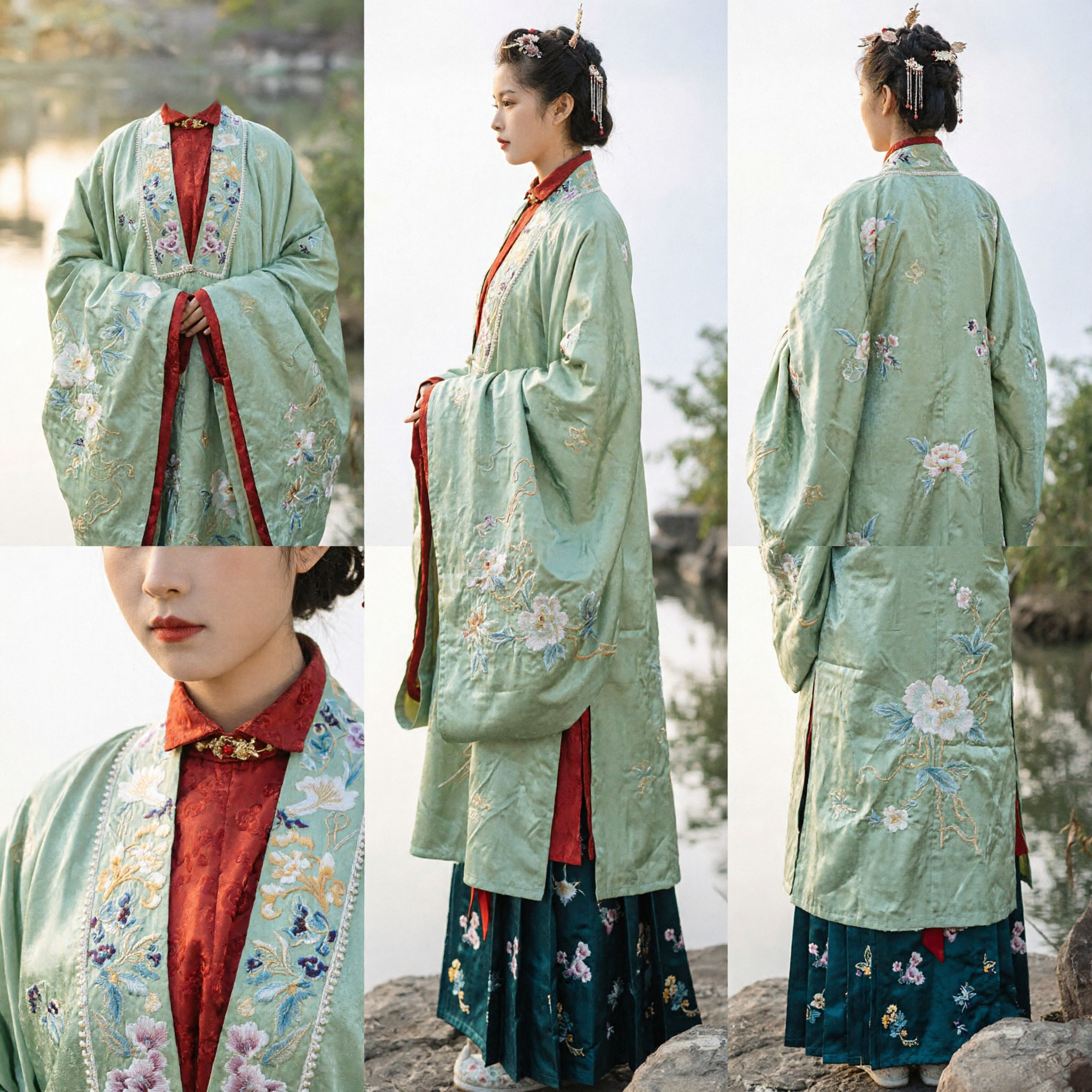 Ancient Chinese Hanfu Clothing for Women Ming Dynasty Style Green Embroidered Robe and Skirt Set
