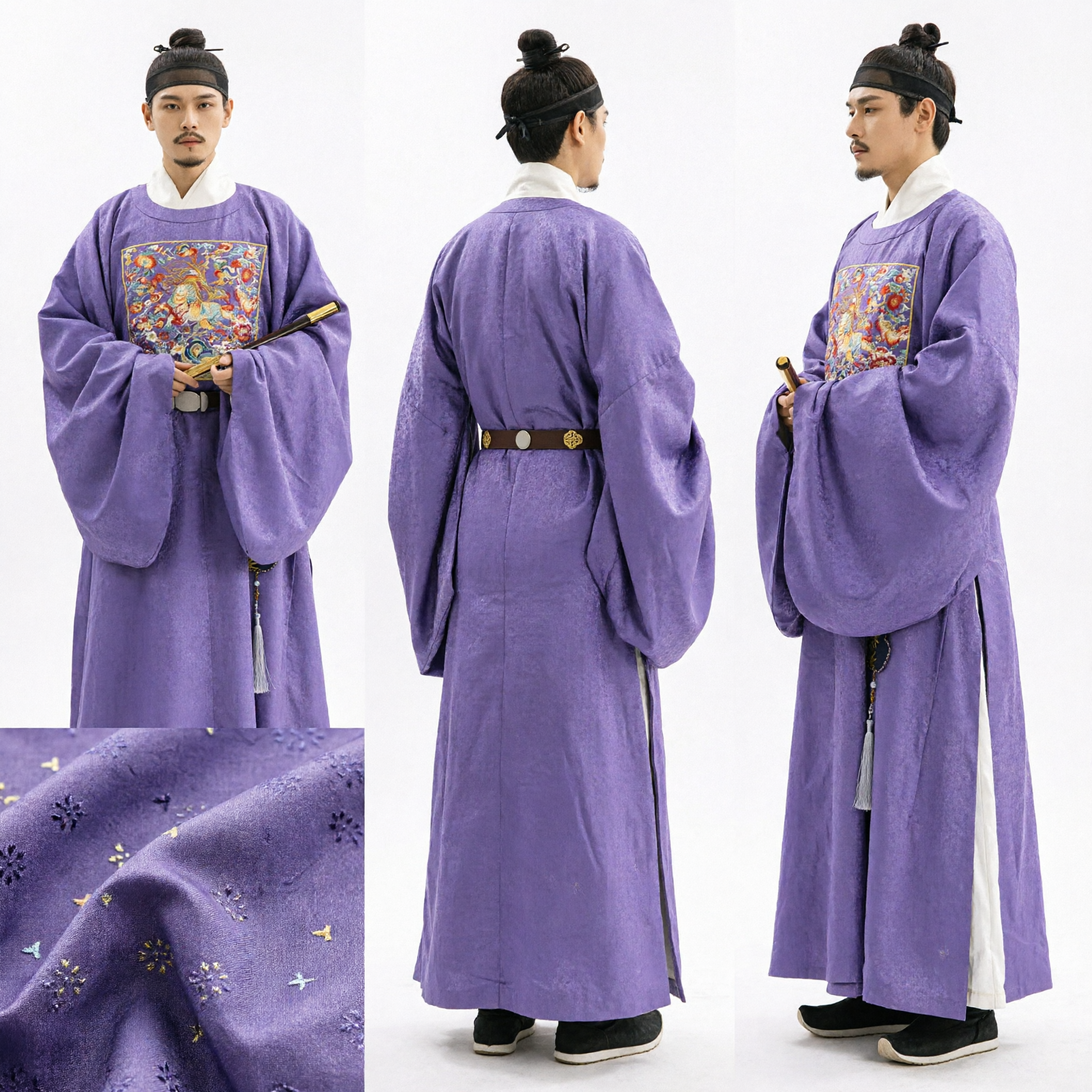 Traditional Chinese Hanfu Purple Ming Dynasty Official Robe Men's Ancient Embroidered Round Collar Costume for Cosplay