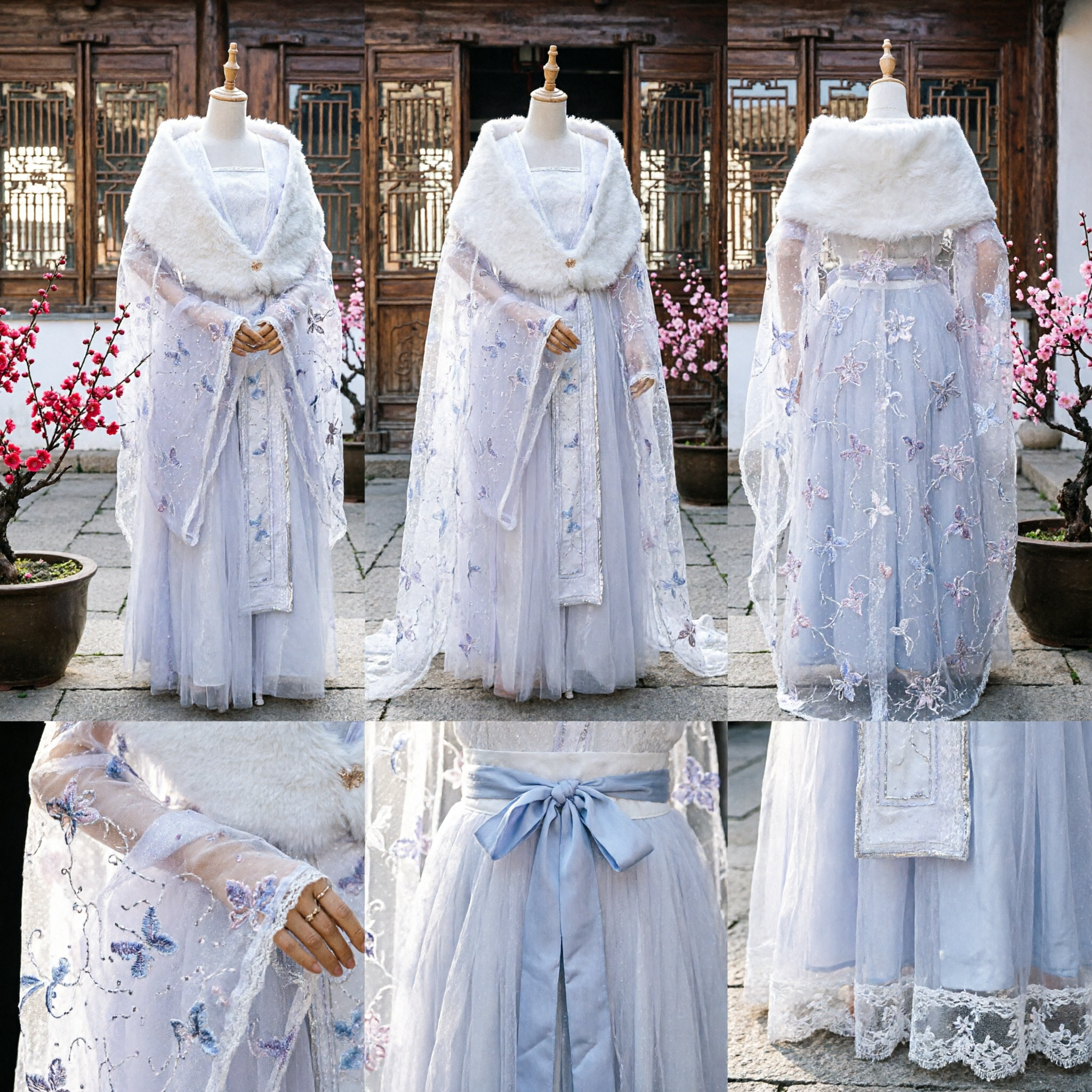 Traditional Chinese Hanfu White Cloak with Fur Trim and Embroidery Ancient Fairy Costume for Women