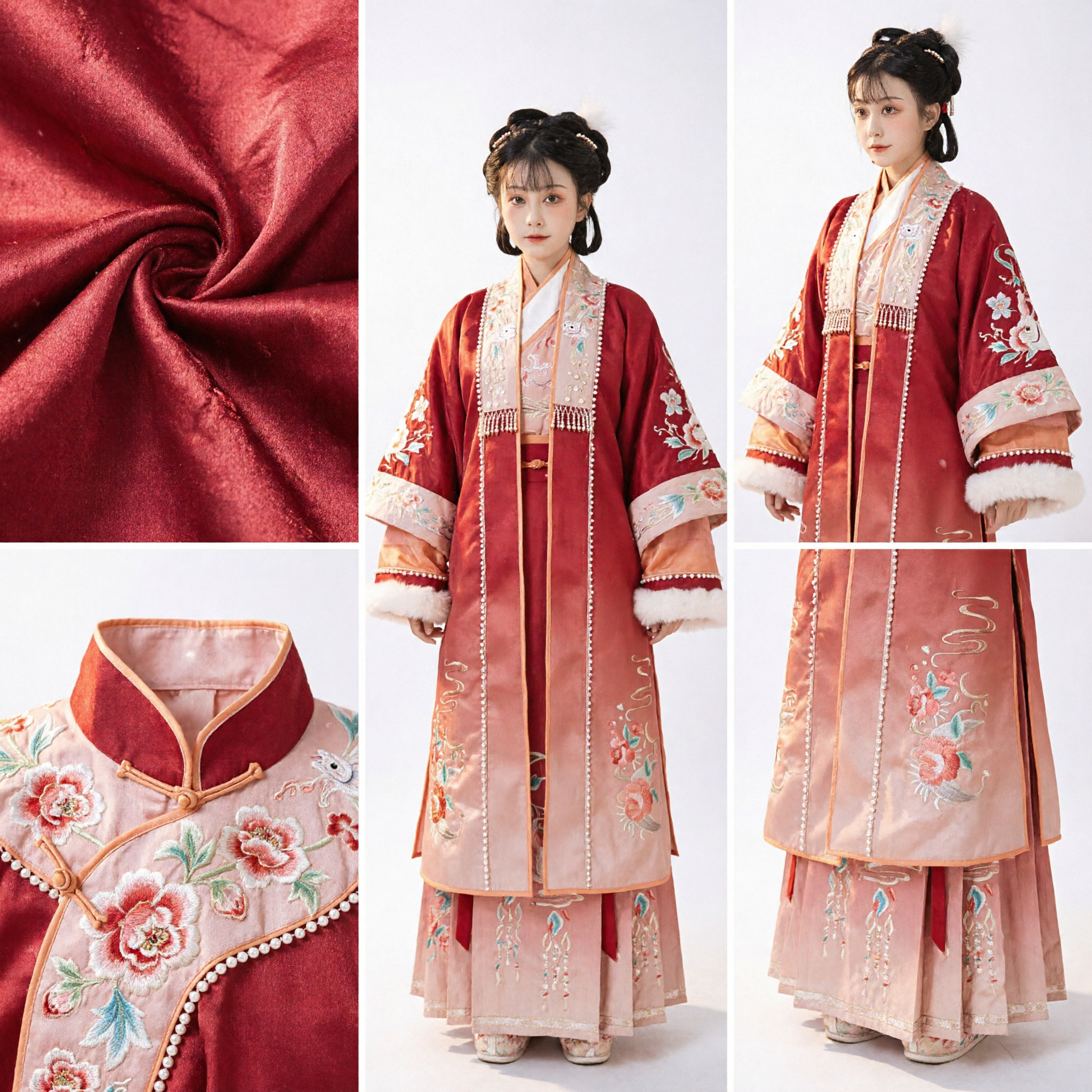 Traditional Chinese Ming Dynasty Hanfu Red Winter Fur Trim Embroidered Coat and Skirt for Women New Year