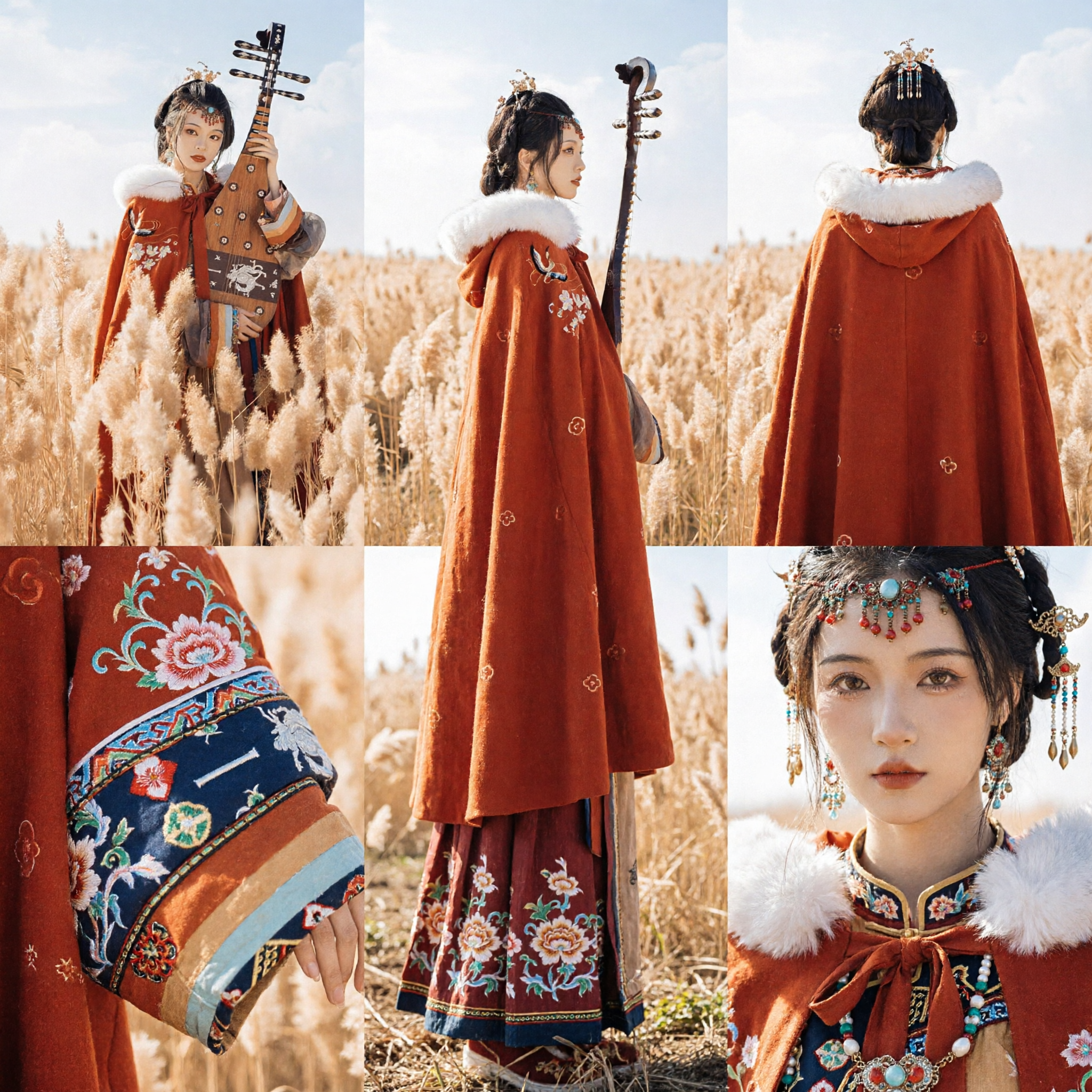 Traditional Chinese Hanfu Winter Cloak with White Fur Trim and Embroidery Ancient Costume for Photography