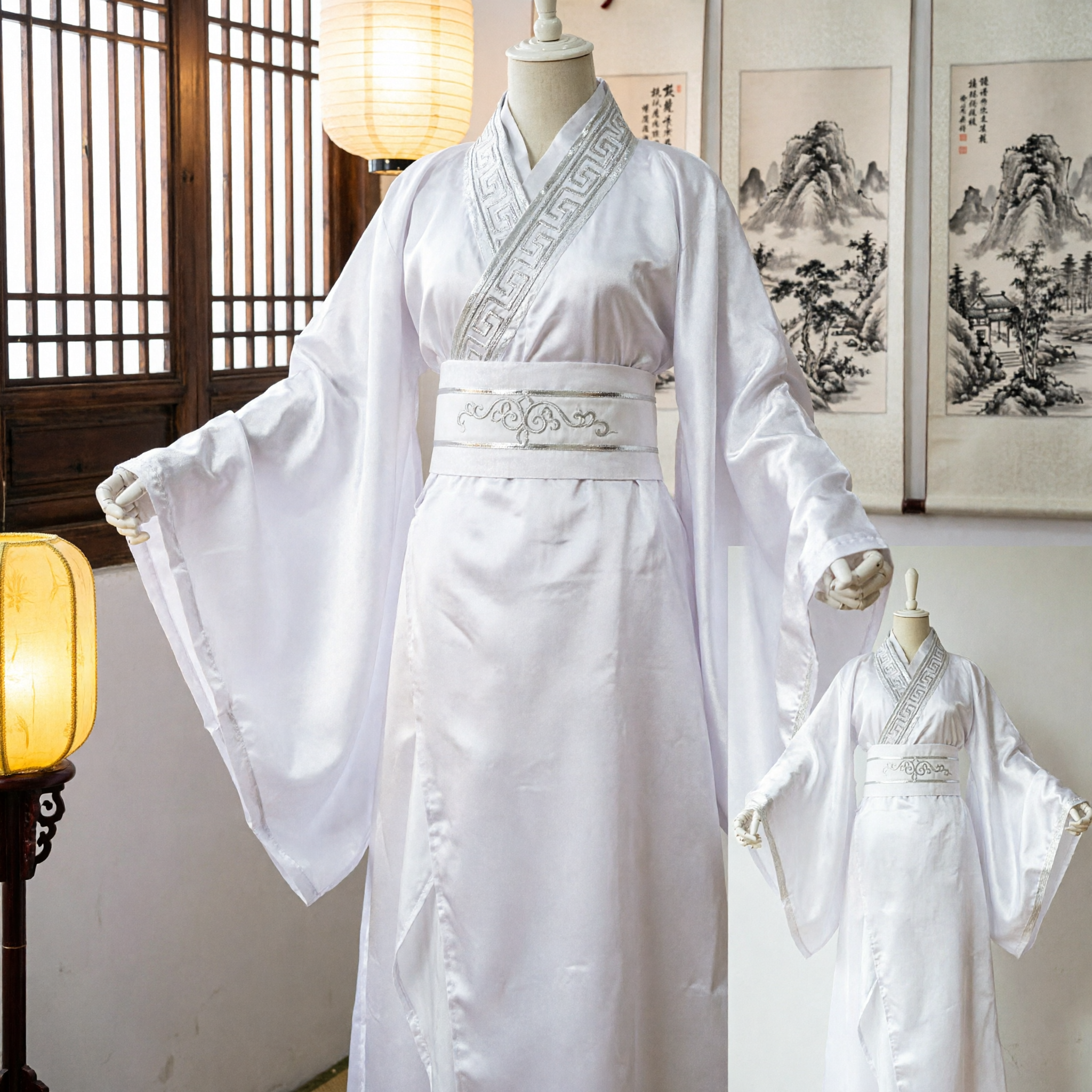 Traditional White Chinese Hanfu Costume Ancient Scholar Robe with Embroidery for Men Cosplay Performance