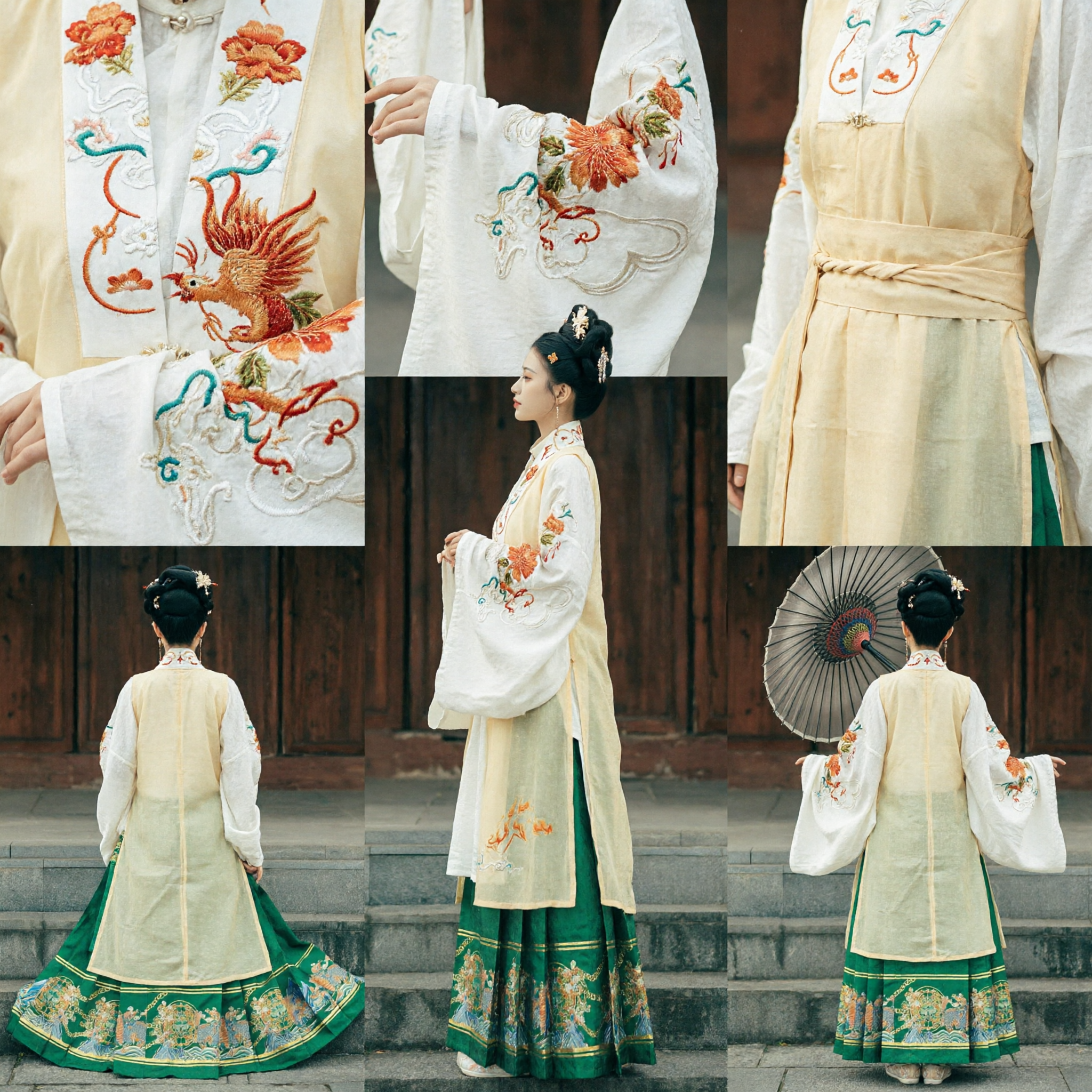 Traditional Chinese Ming Dynasty Hanfu Costume for Women Embroidered Yellow Vest and Green Skirt Historical Outfit