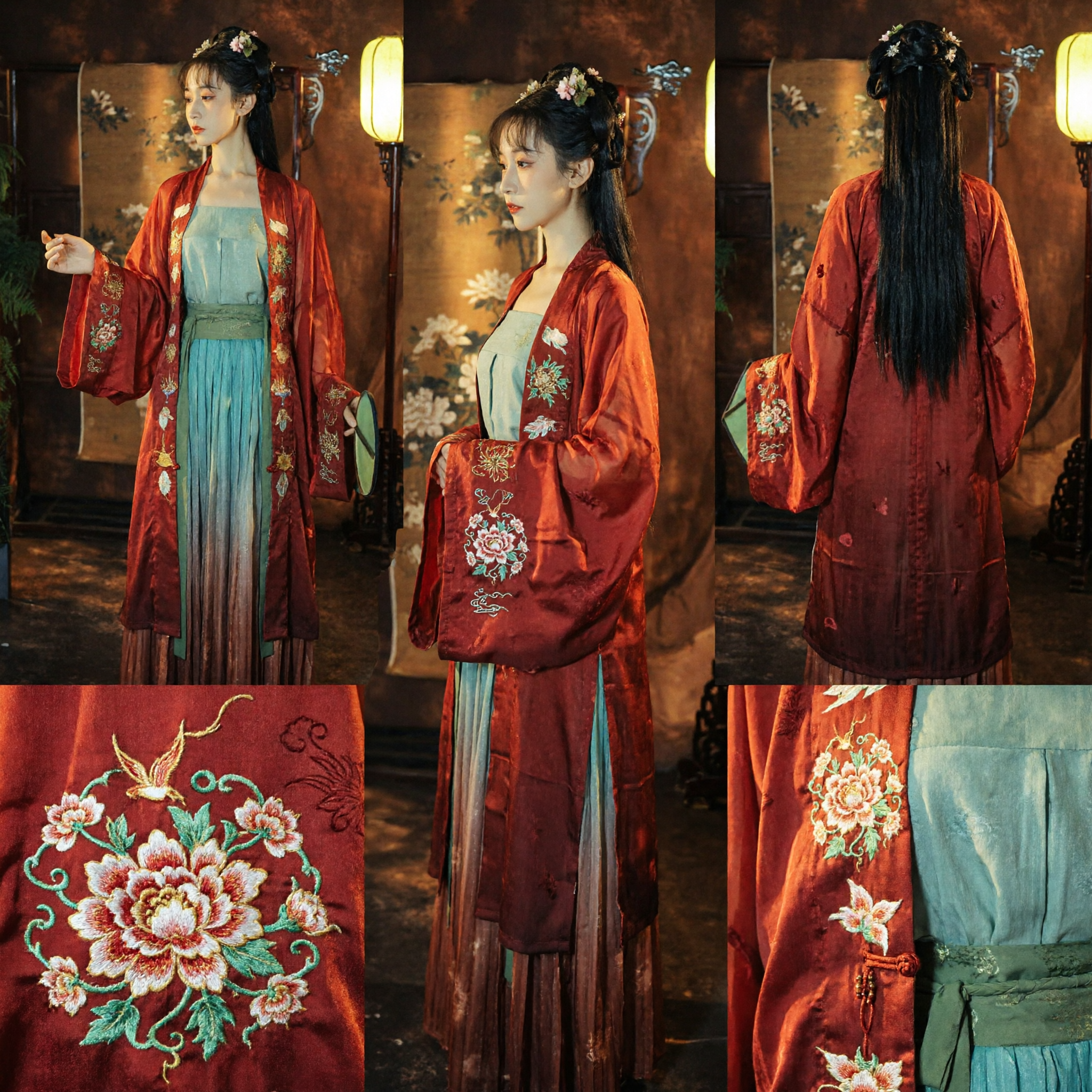 Elegant Red Embroidered Hanfu Set Traditional Chinese Ancient Costume Blue Gradient Skirt for Women Festival