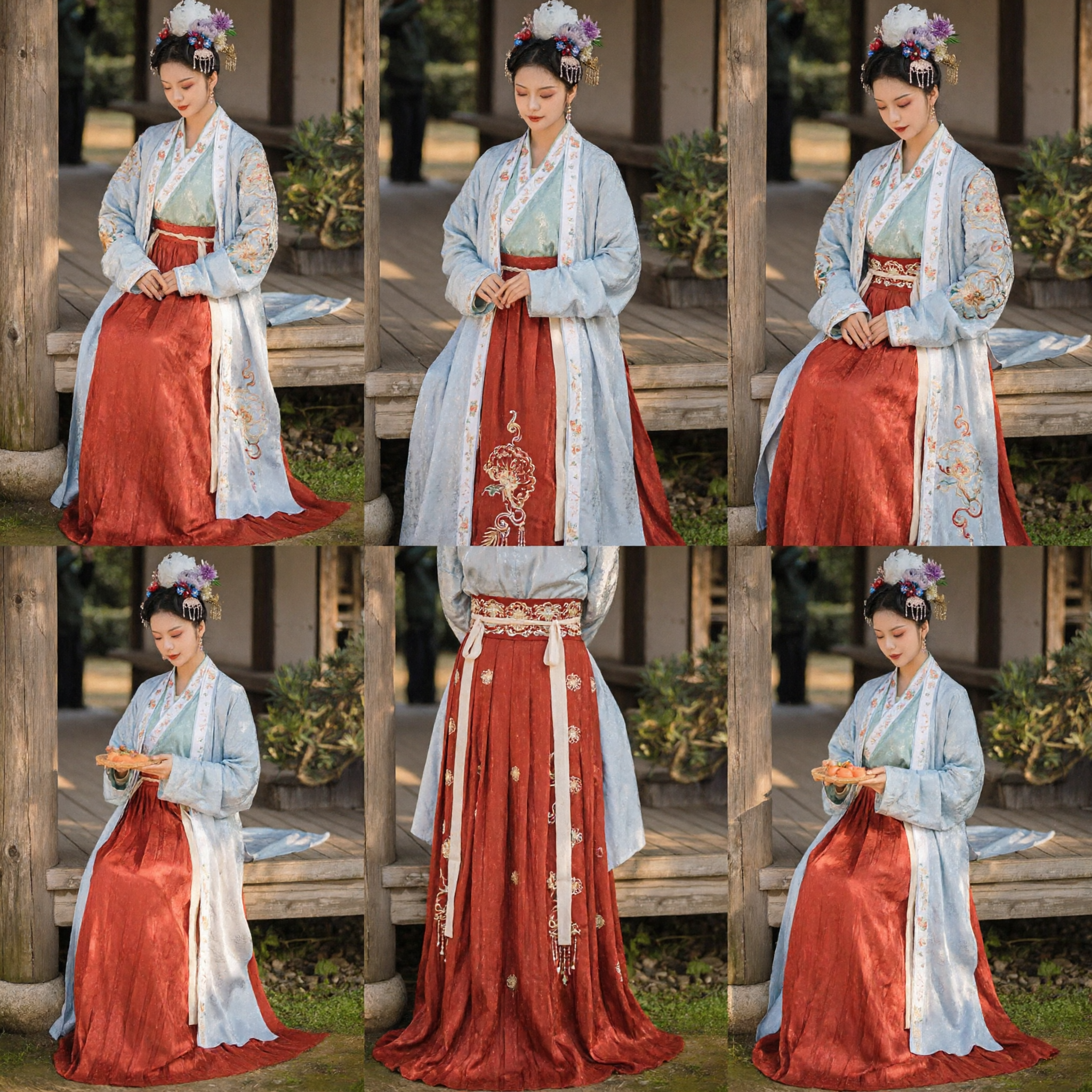 Traditional Chinese Hanfu Costume Women Ancient Song Dynasty Style Red Skirt Blue Embroidered Robe Historical Dress