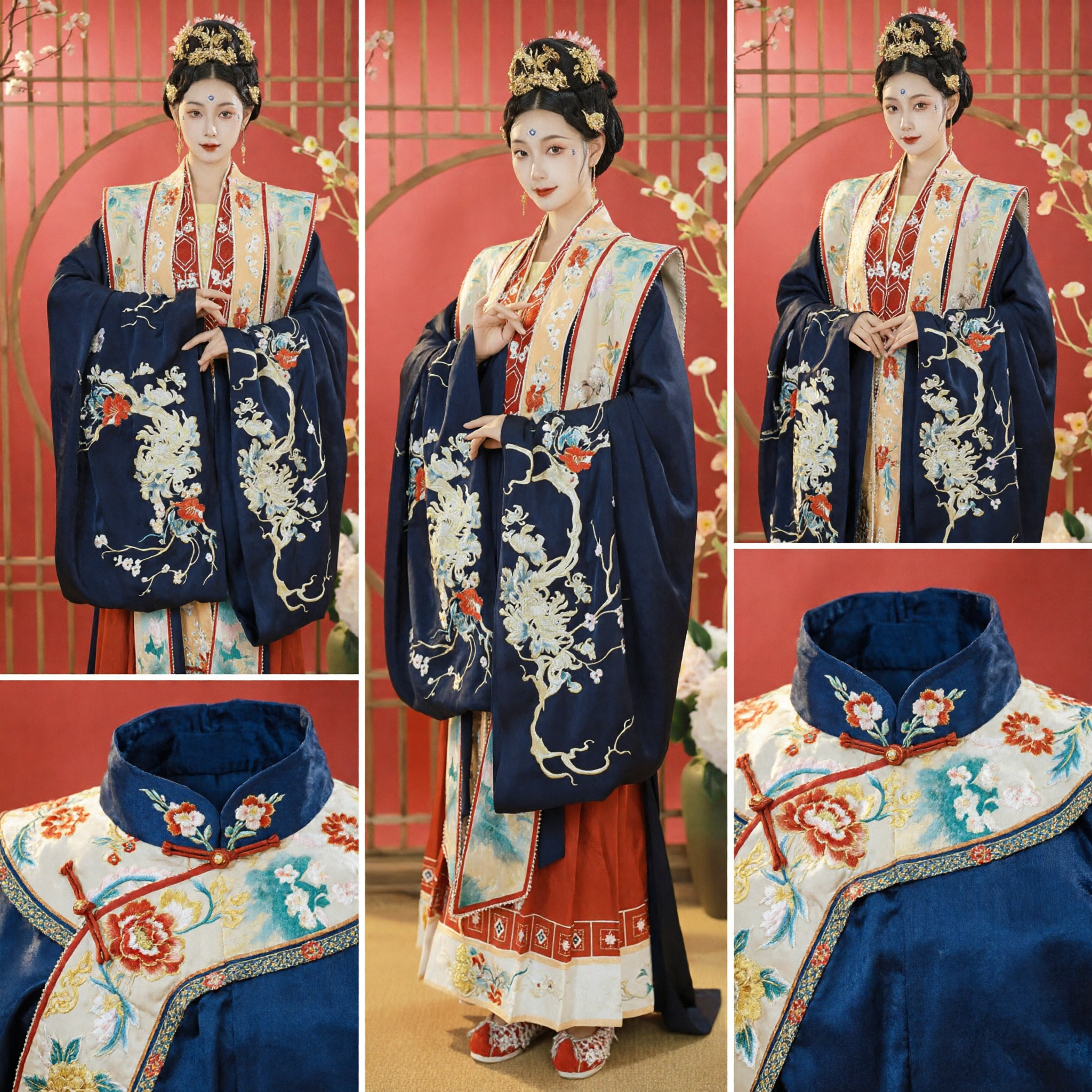 Traditional Chinese Hanfu Costume for Women Elegant Blue Embroidered Broad Sleeve Robe and Red Skirt Set